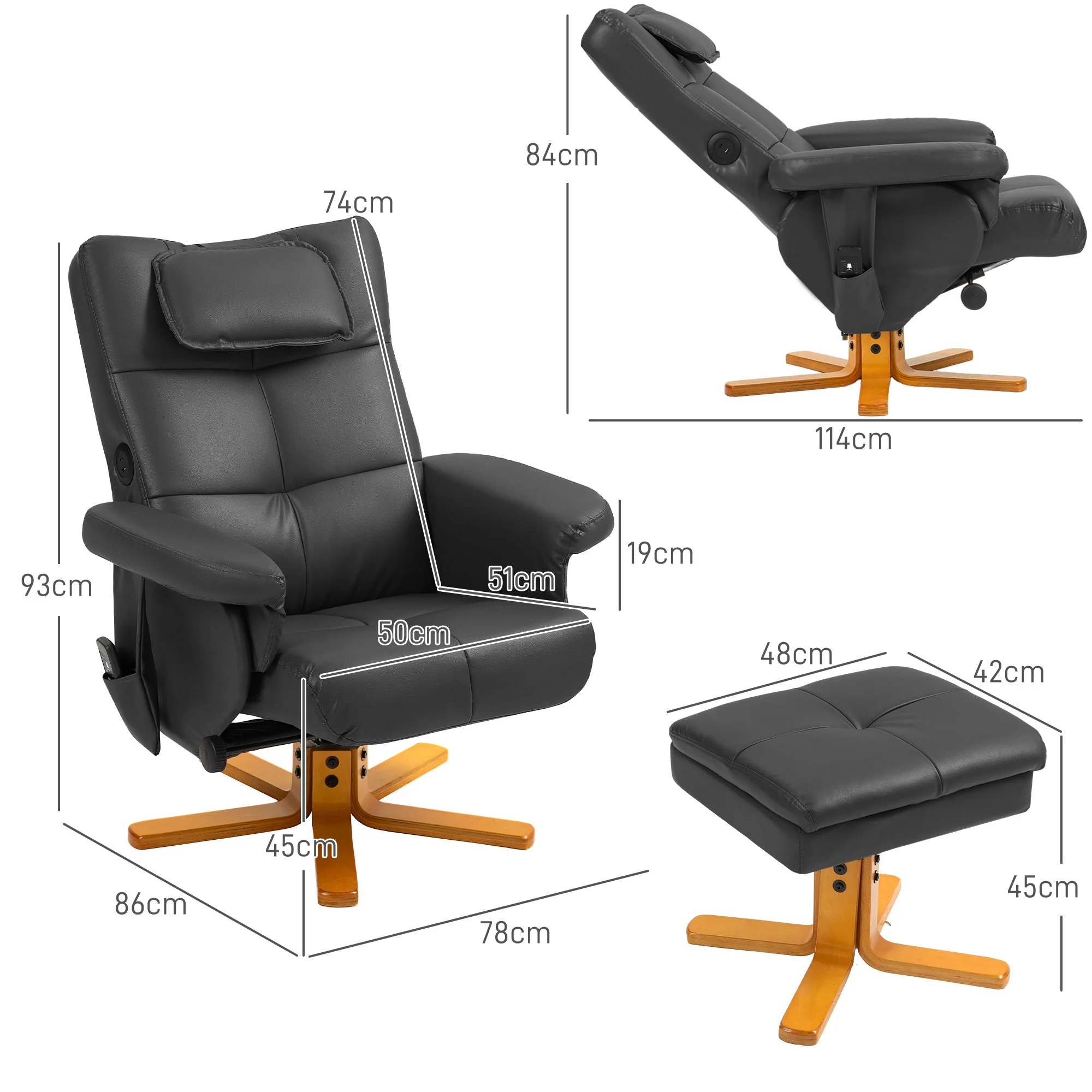 Reclining Massage Armchair with Footstool, Storage, Side Pocket - Faux Leather Black - Image 3