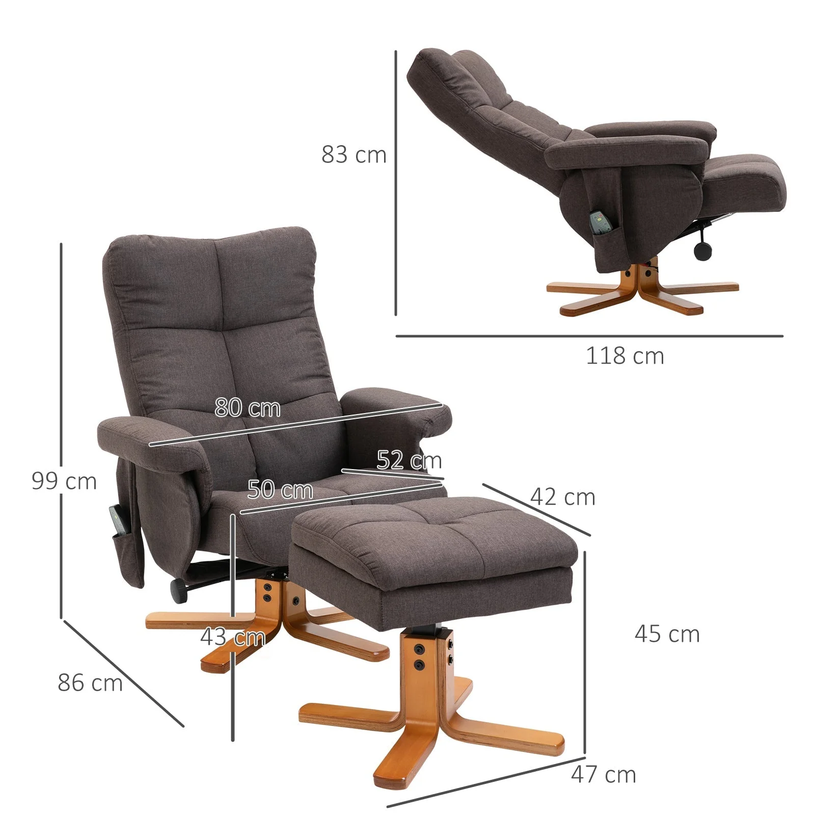 Reclining Massage Chair Footstool Storage 145° Recline, Brown Polyester - Image 3