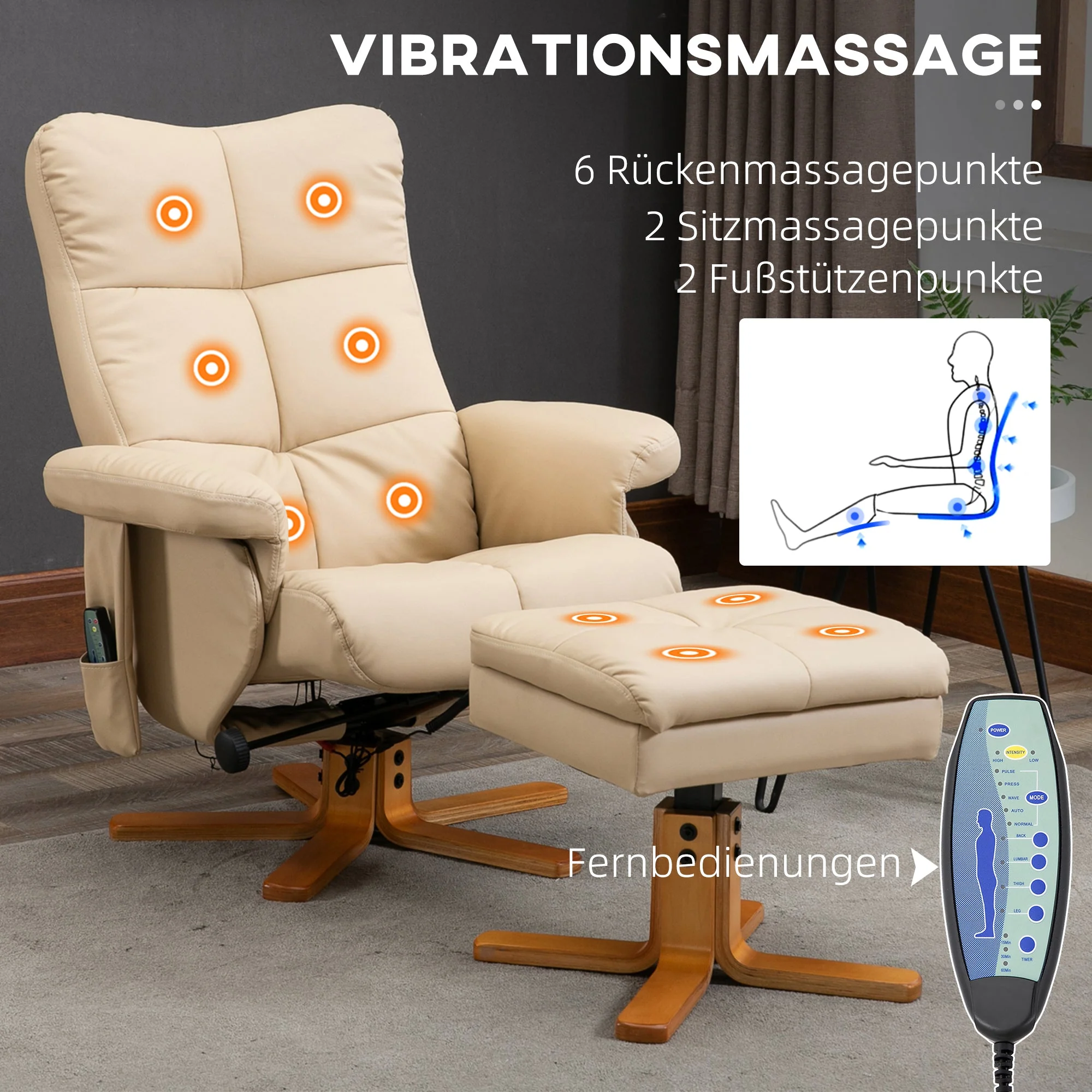 Reclining Massage Chair with Footstool, Storage, 145° Tilt, Polyester Cream White - Image 4