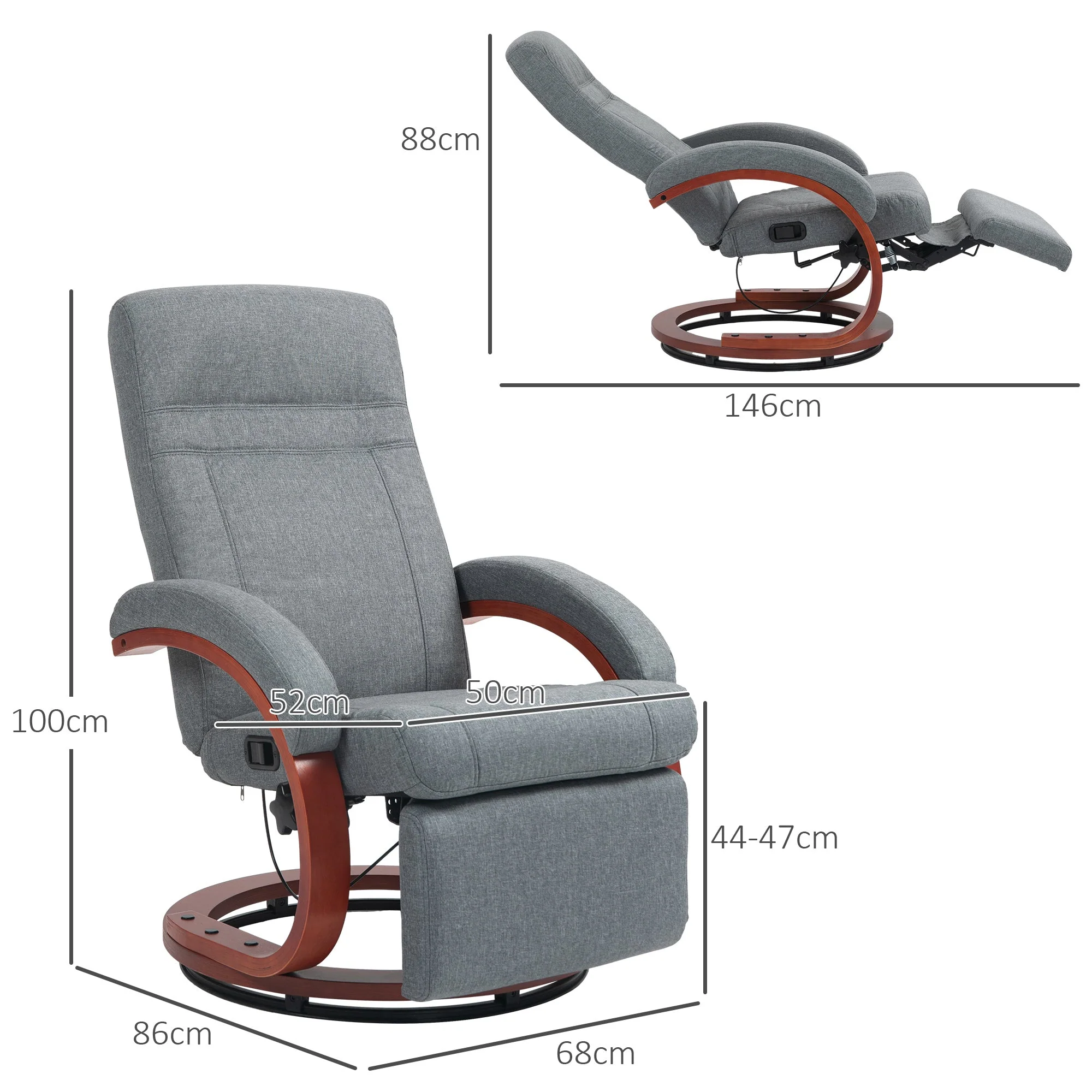 Reclining TV Armchair, Swivel, Adjustable Backrest, Wooden Armrests - Grey Fabric - Image 3