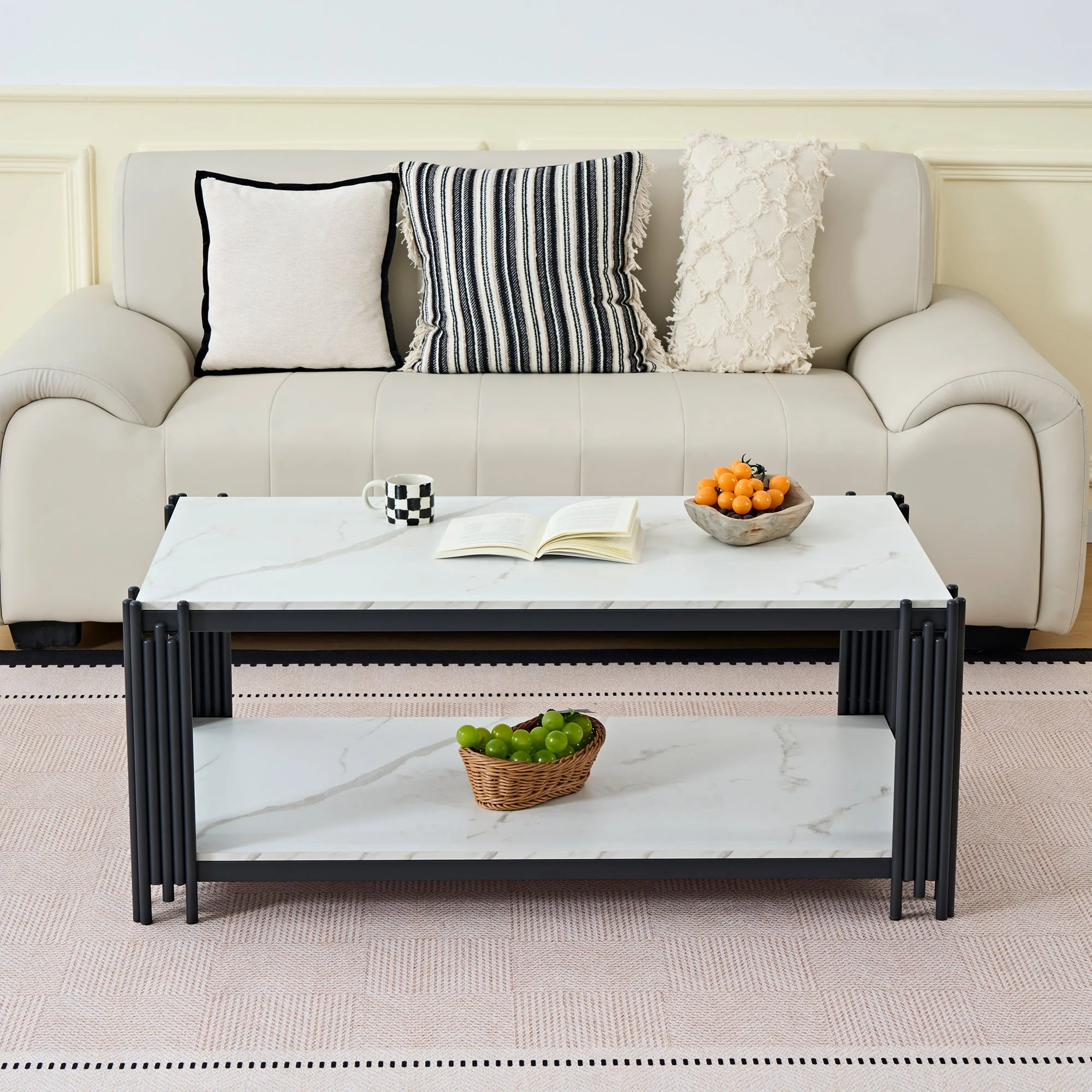 Rectangular Coffee Table Modern Marble-Effect Top Metal Legs White and Black - Image 8
