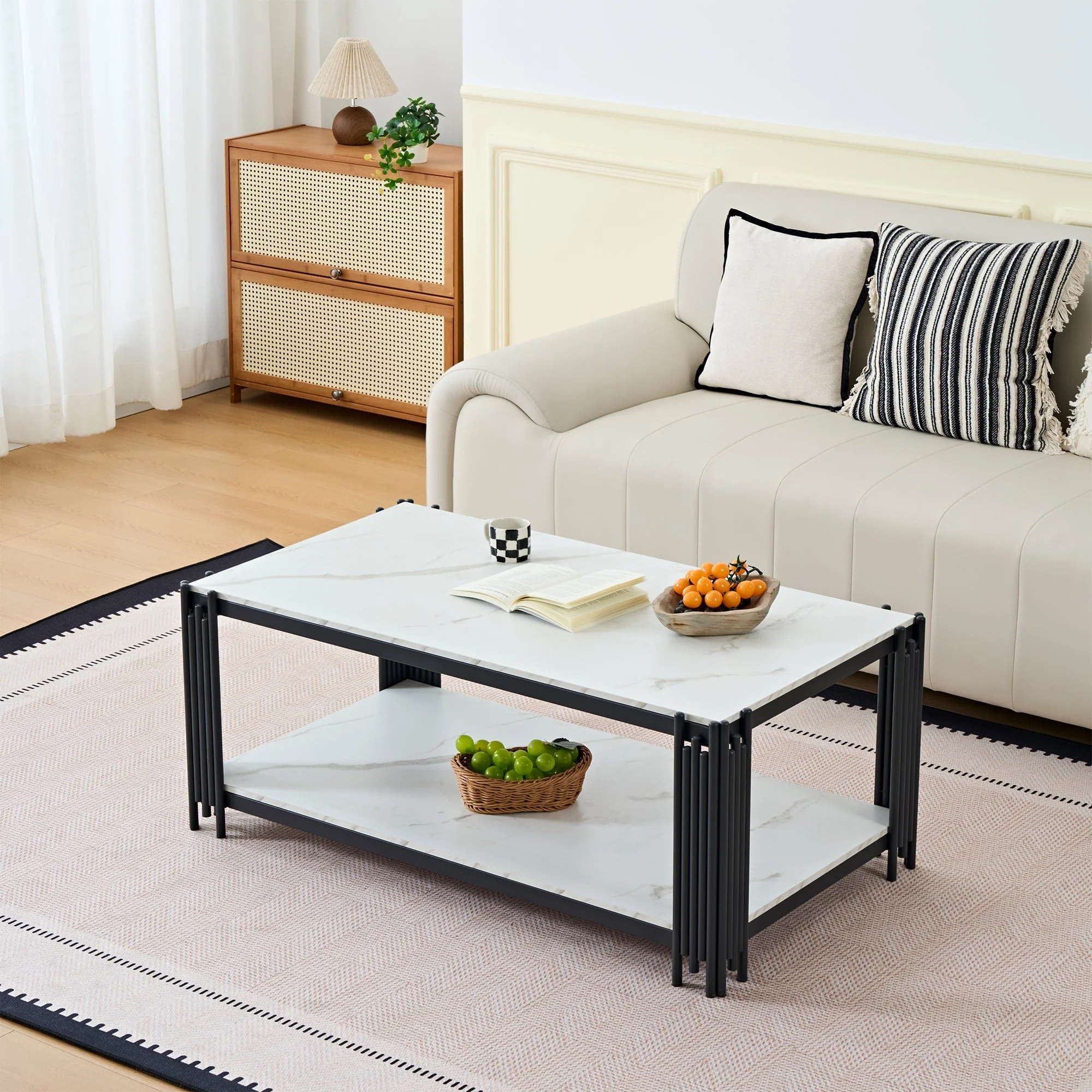Rectangular Coffee Table Modern Marble-Effect Top Metal Legs White and Black - Image 9
