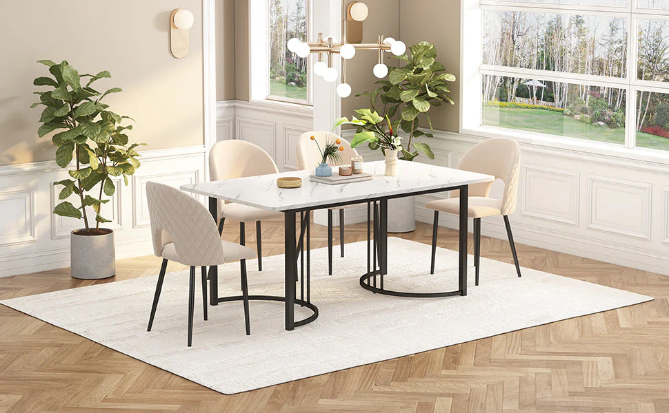 Rectangular Dining Table 140x80cm Modern Marble Pattern Adjustable Legs White/Black - Image 2