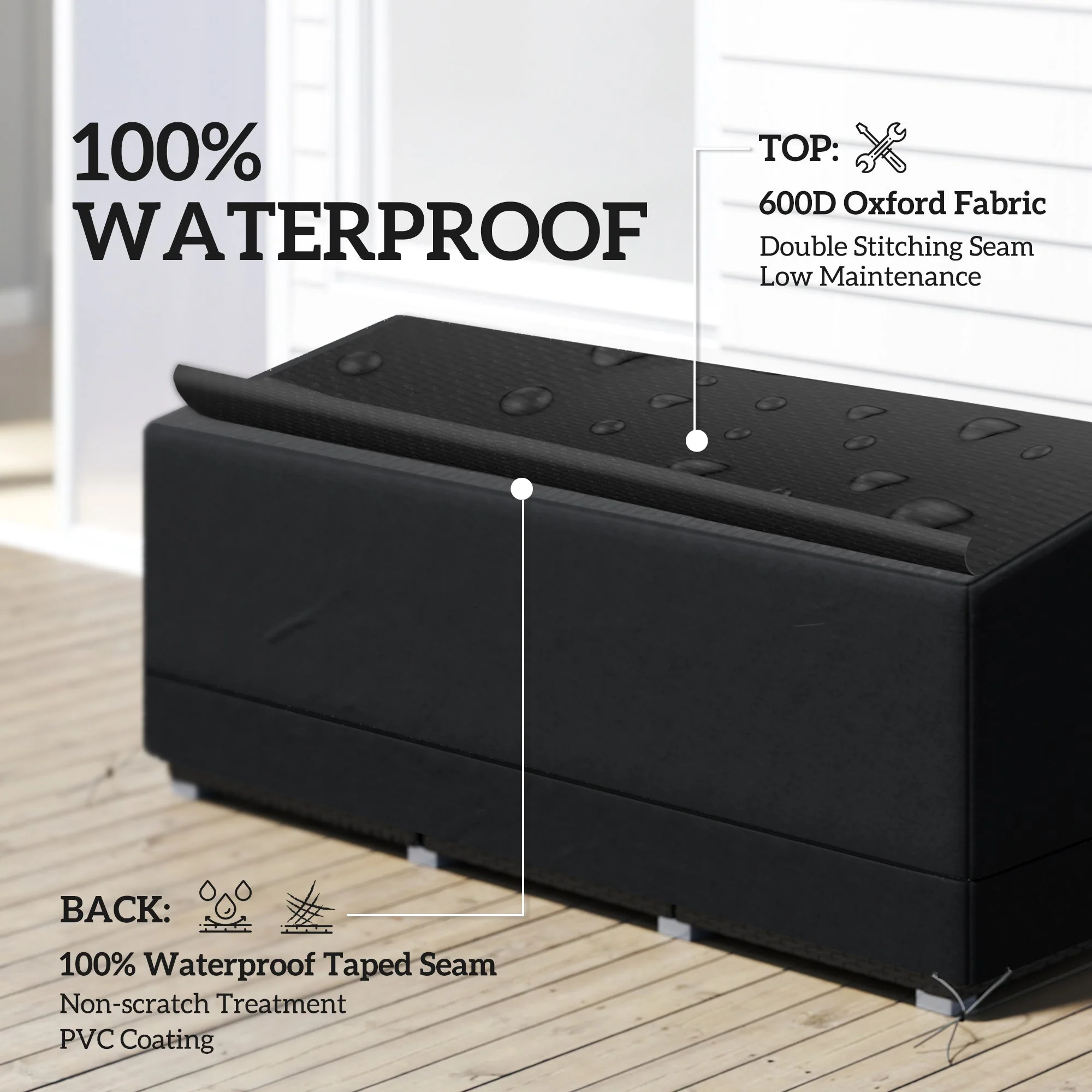 Rectangular Patio Garden Furniture Cover, Waterproof UV Resistant 3 Seater Sofa Bistro Set, 190 x 72 x 76cm, 600D Oxford Fabric, Black - Image 4