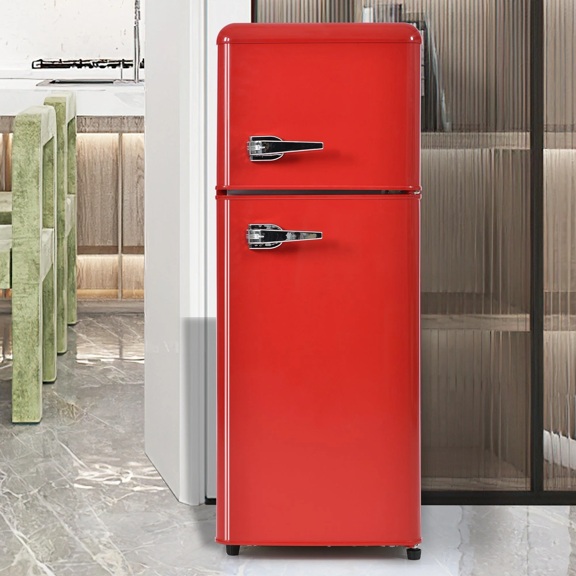 Retro Refrigerator, 105.5cm High, 92L Total, 28L Freezer, Two-Door, Glass Shelves - Image 3