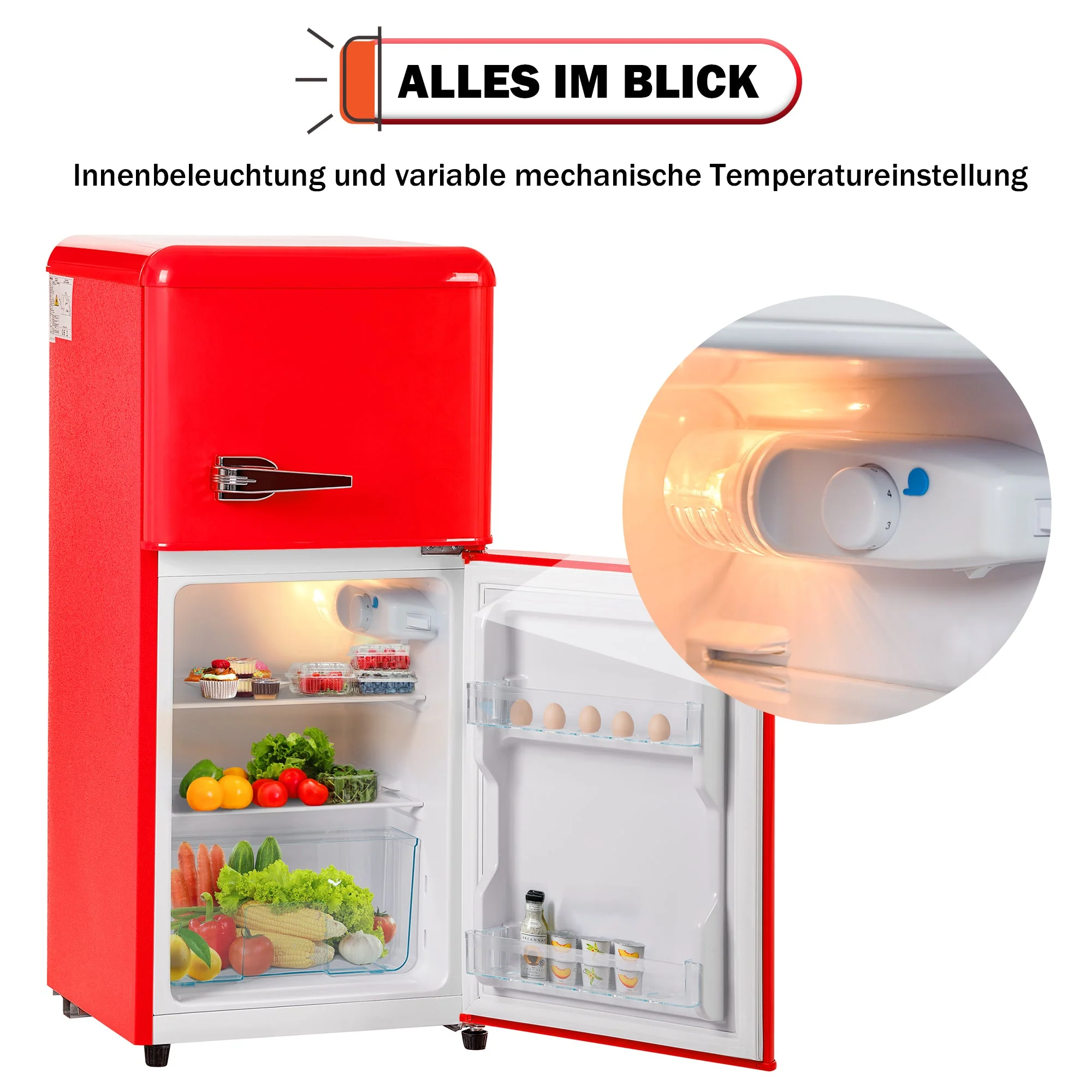 Retro Refrigerator Freezer Combination, 60L Total Volume, 22L Freezer, Red - Image 3