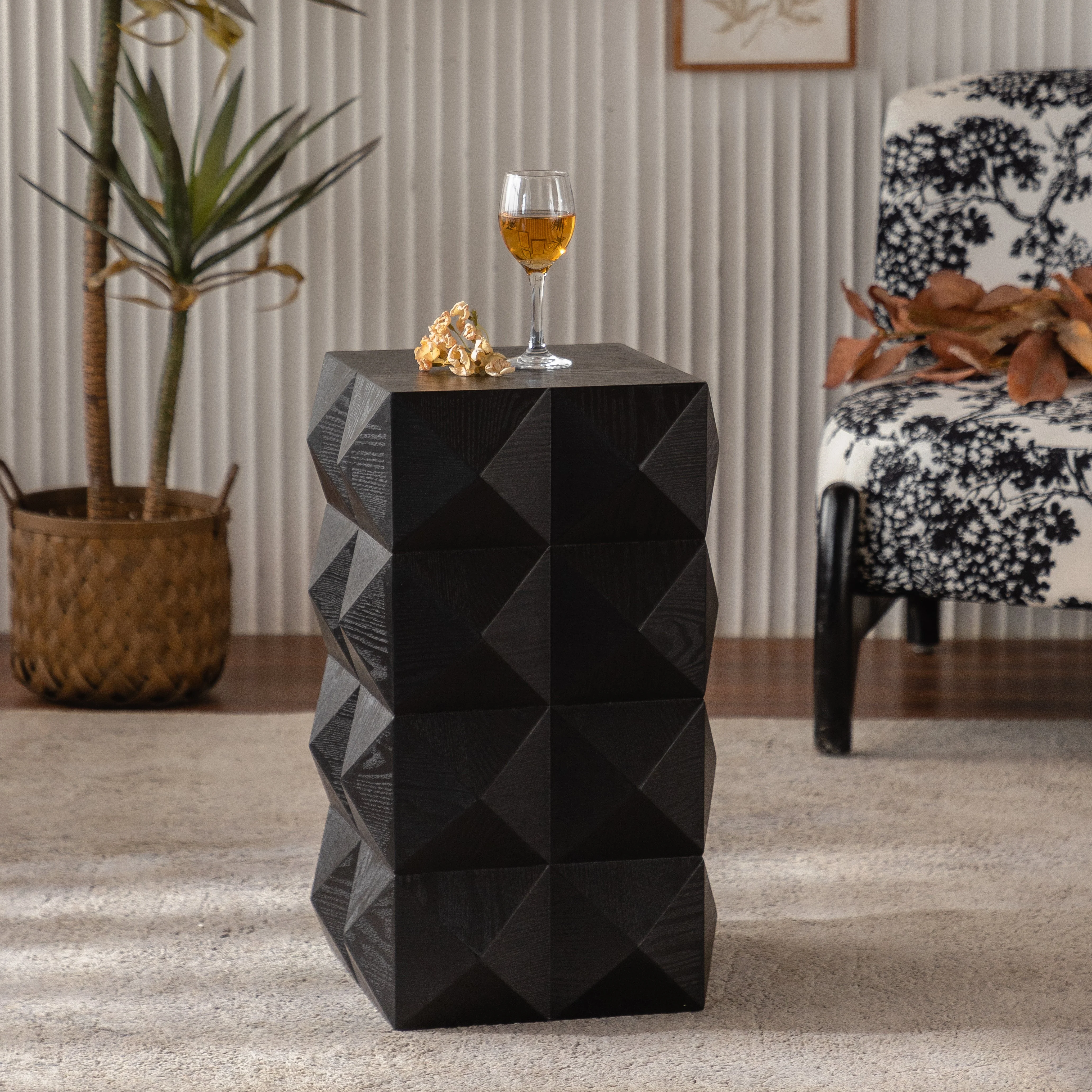Retro Side Table - 60CM Height, Embossed Pattern, Wooden, Black - Image 2