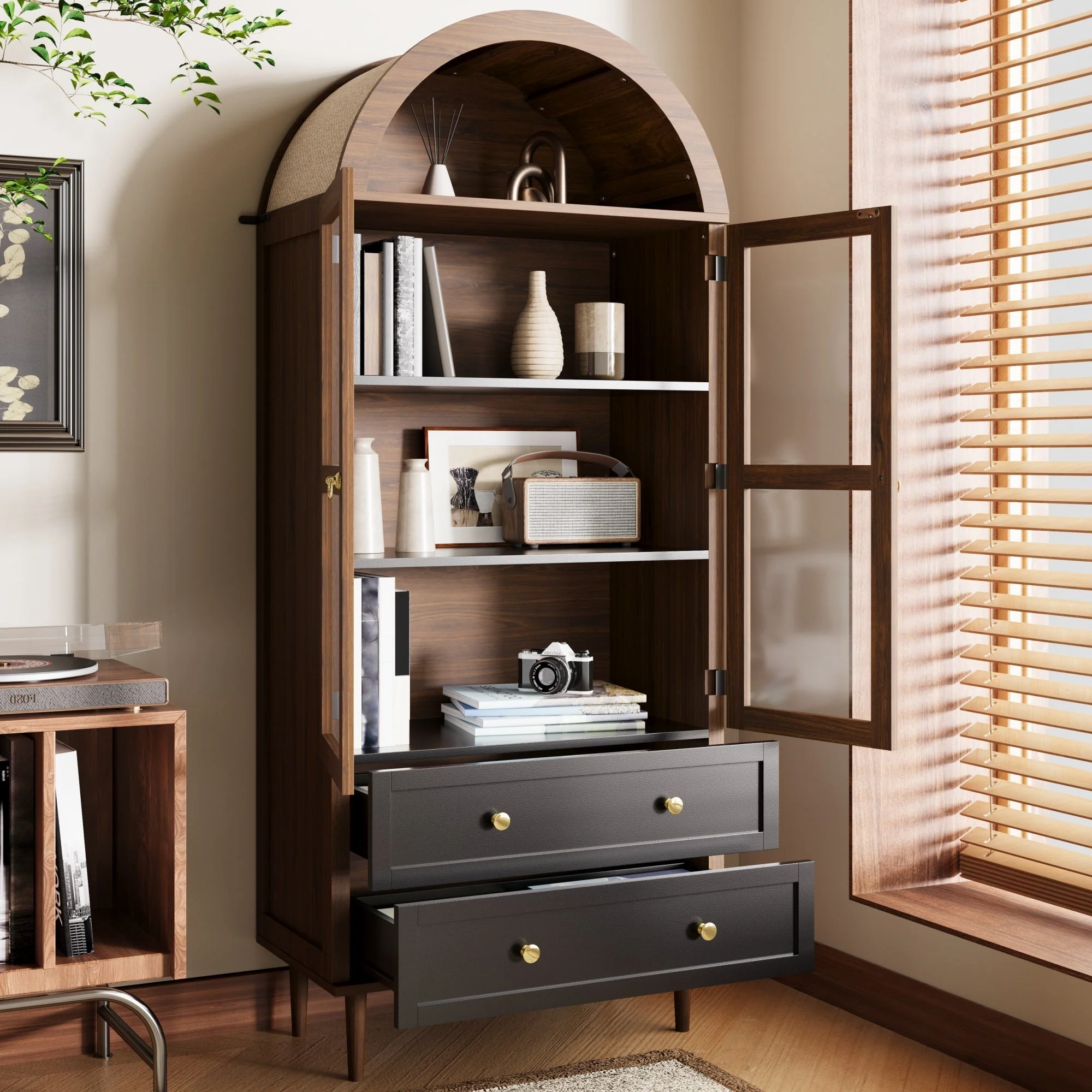 Retro Storage Cabinet with Adjustable Shelves and Curved Glass, Luxurious Sideboard - Image 4