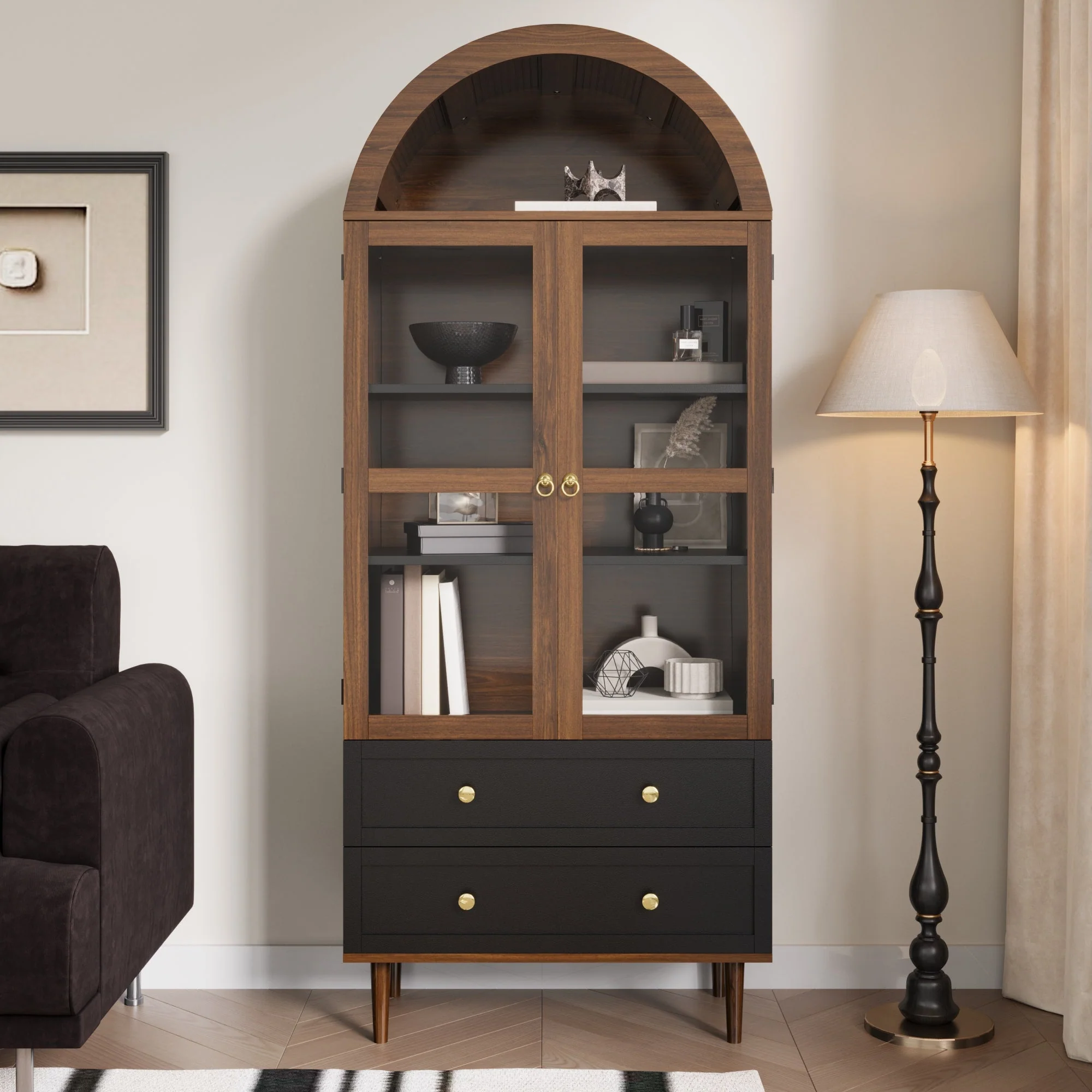 Retro Storage Cabinet with Adjustable Shelves and Curved Glass, Luxurious Sideboard - Image 7