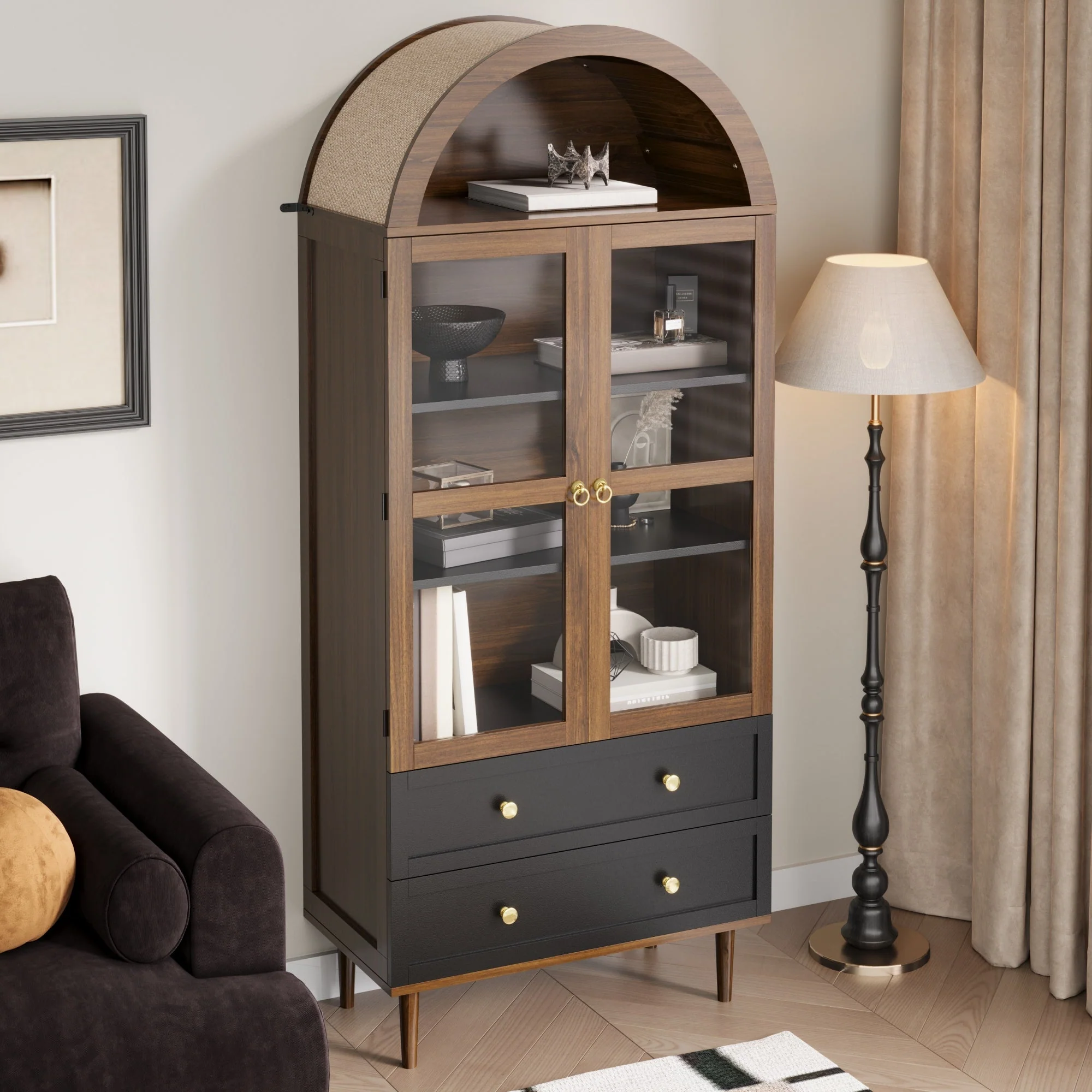 Retro Storage Cabinet with Adjustable Shelves and Curved Glass, Luxurious Sideboard - Image 9