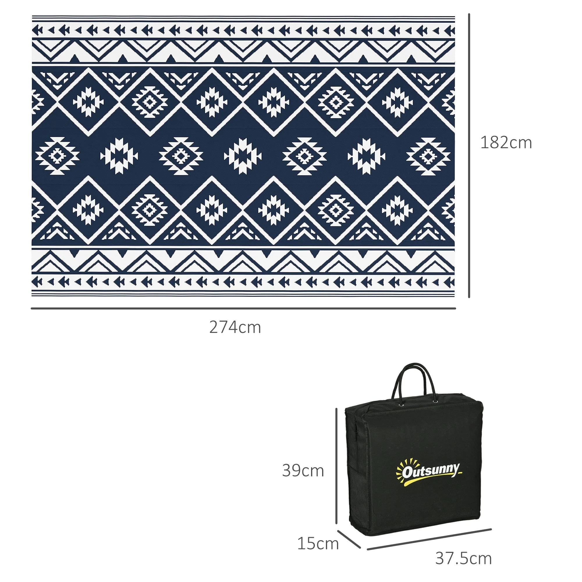 Reversible Outdoor Rug 182x274cm Water-Repellent Camping with Carrying Bag, Plastic Dark Blue & White - Image 3