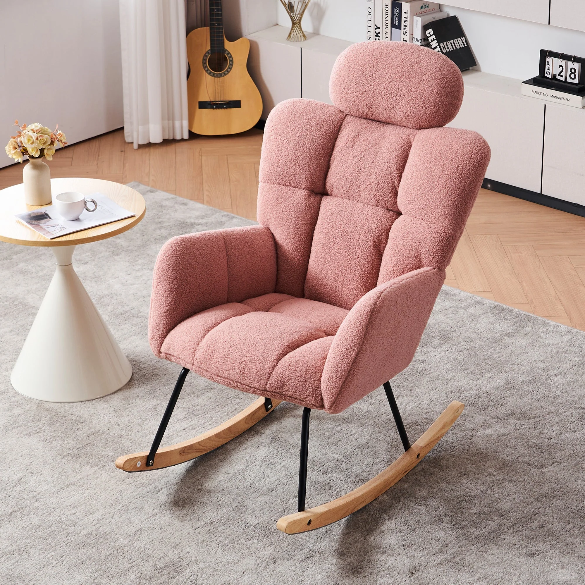 Rocking Chair 055, Tufted Upholstered, Pink Teddy Fabric - Image 2