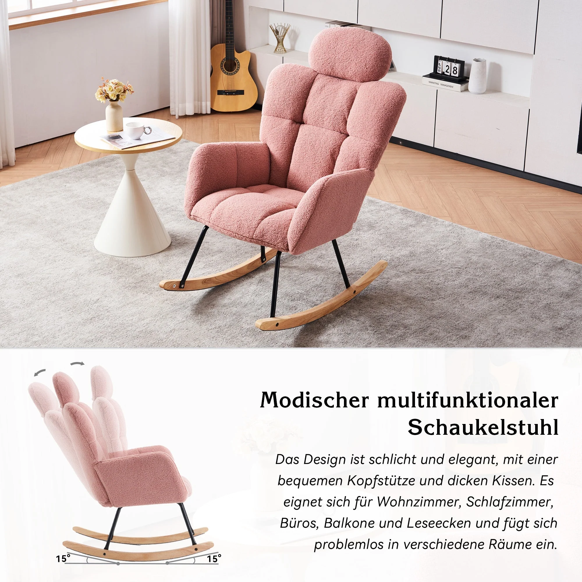 Rocking Chair 055, Tufted Upholstered, Pink Teddy Fabric - Image 4
