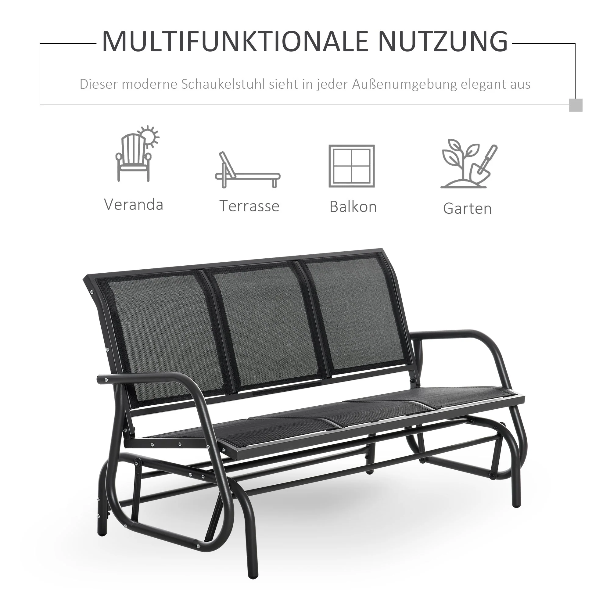 Rocking Chair 3-Seater Garden Swing Sturdy Weatherproof, Metal Black - Image 5