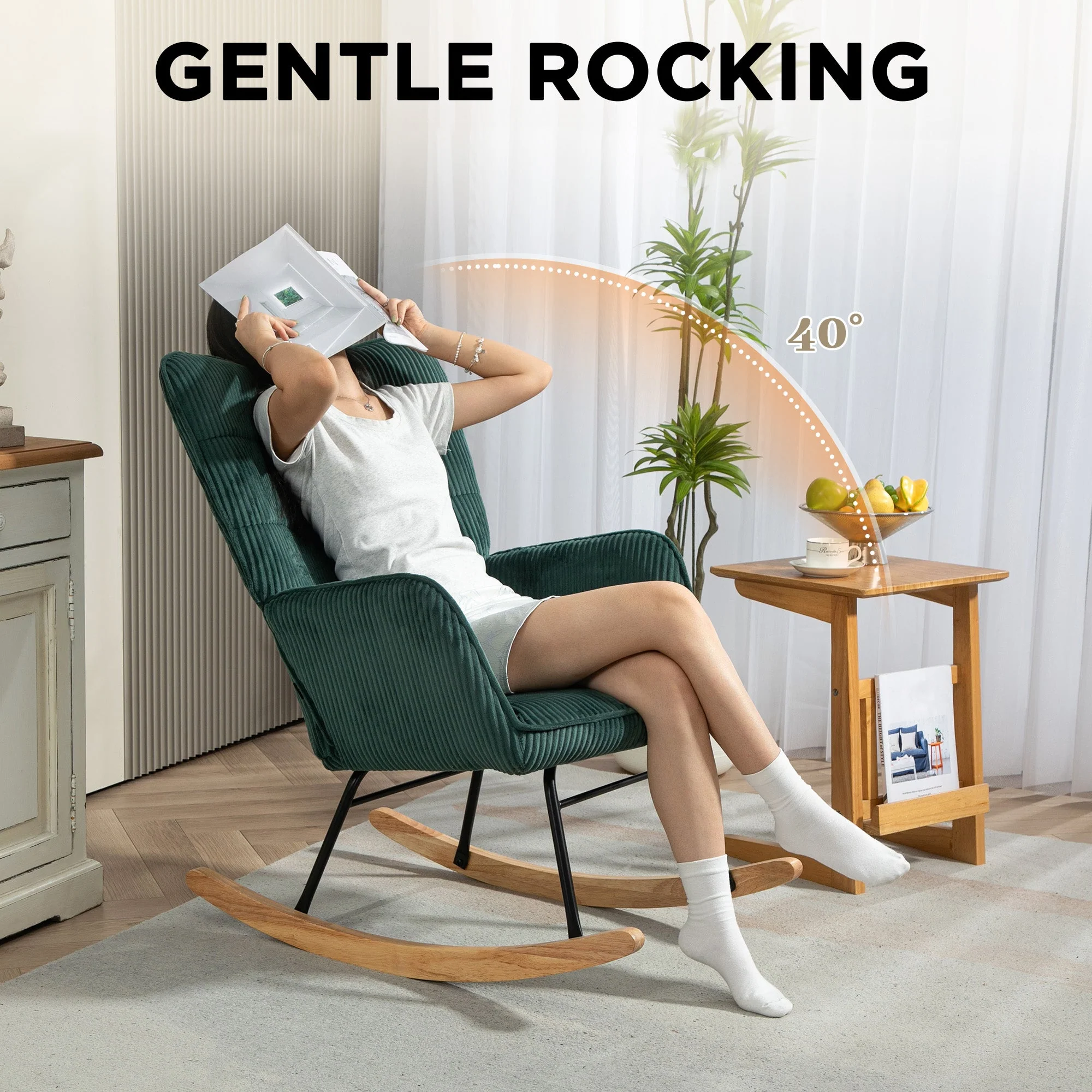 Rocking Chair Armchair Wooden Runners Corduroy Dark Green - Image 4