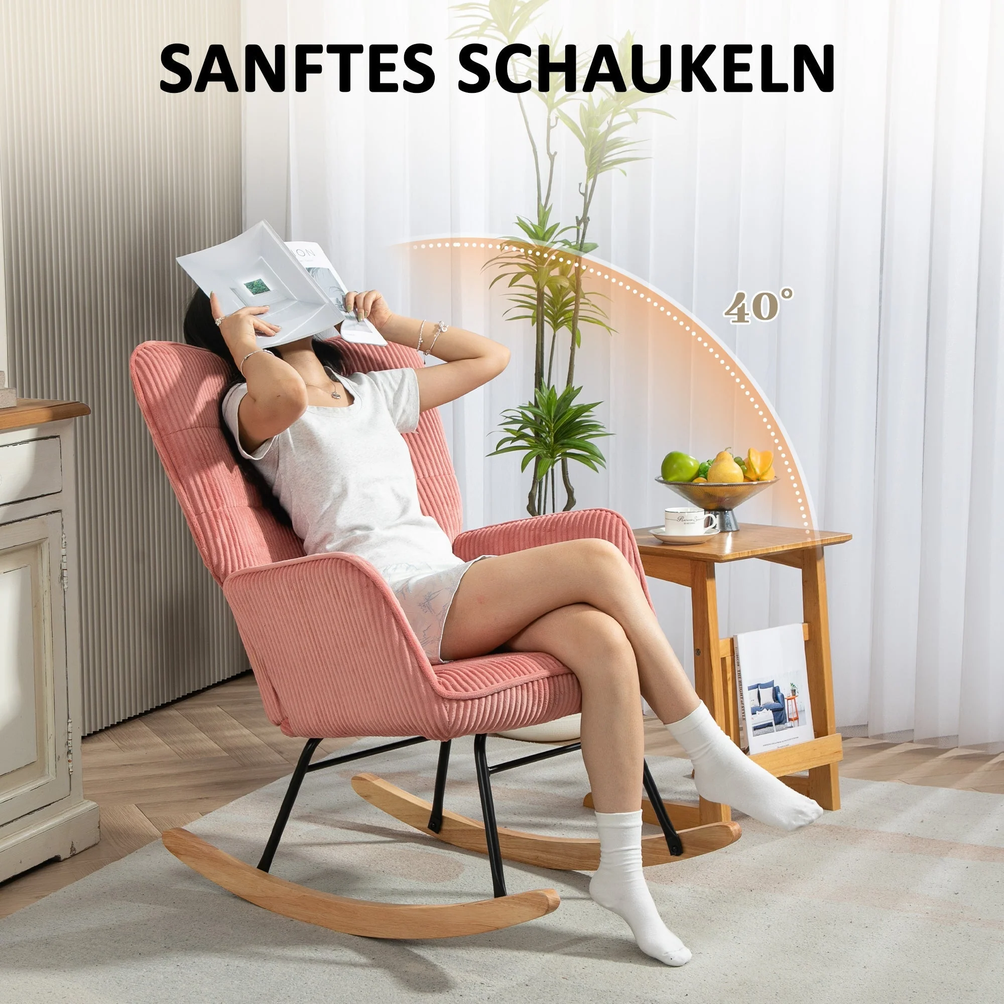 Rocking Chair Armrest Wooden Runners Recliner, Corduroy Pink - Image 4