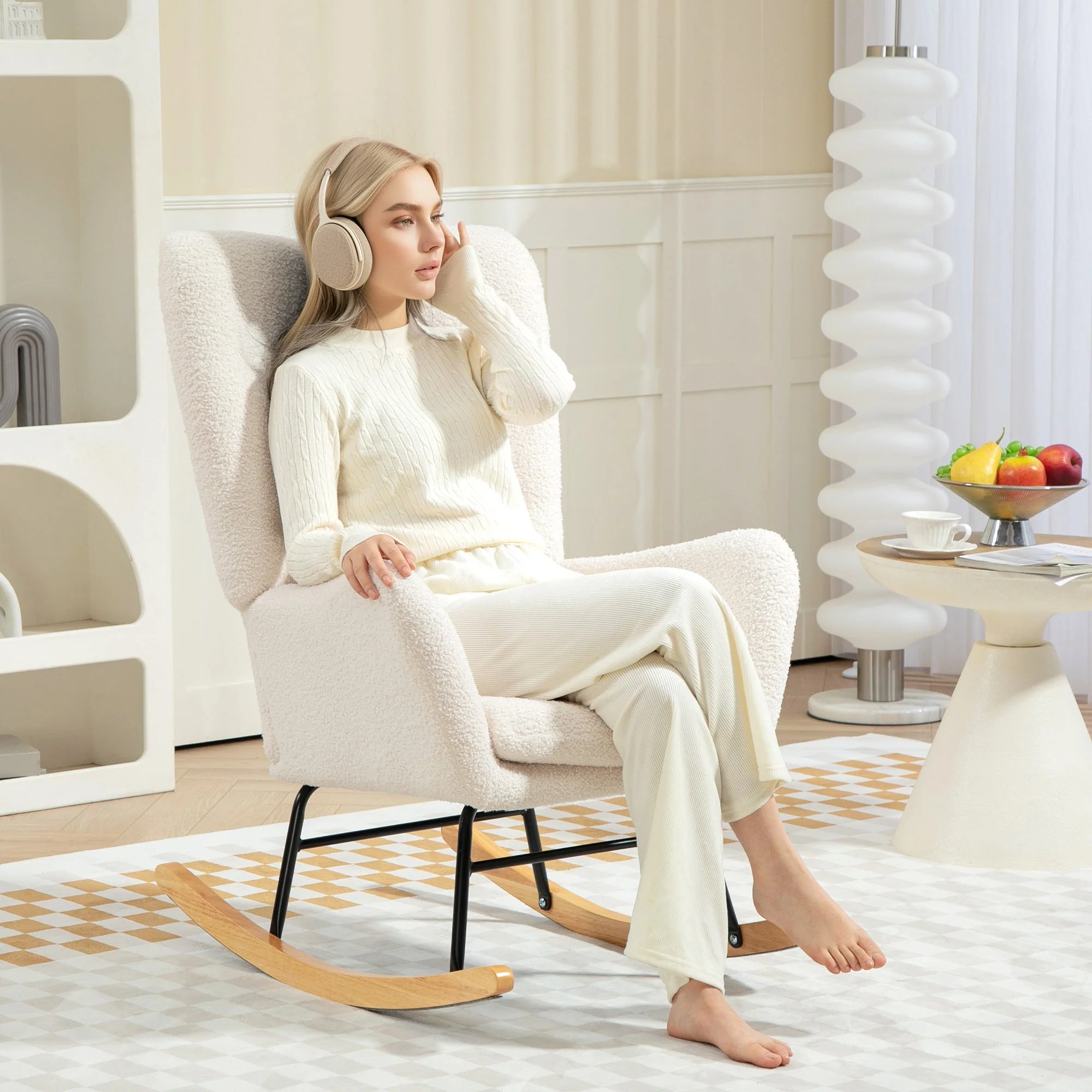 Rocking Chair, Armrests Lumbar Cushion Wooden Base, Cream White Teddy Fabric - Image 2