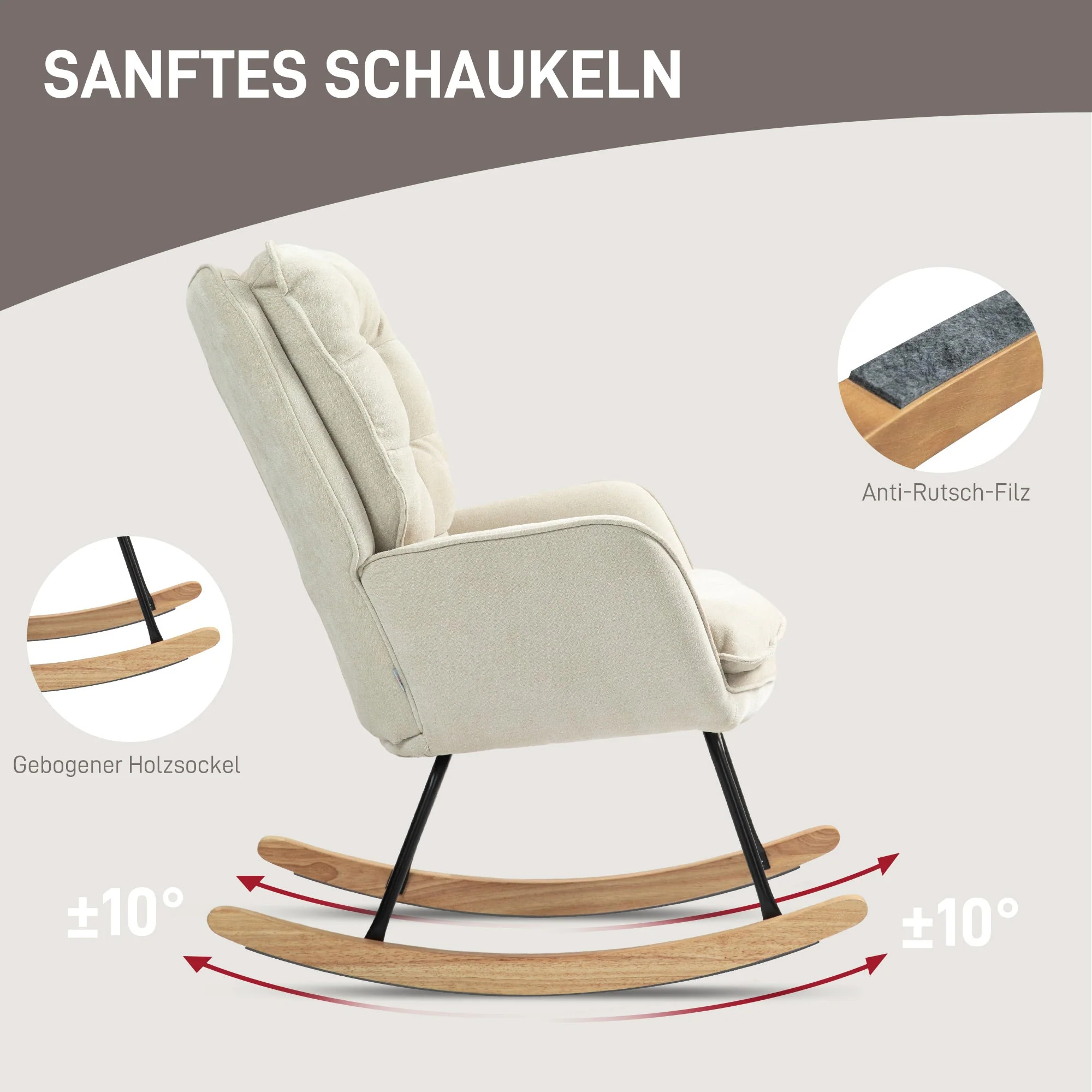 Rocking Chair, Armrests, Nursing, 120 kg Load Capacity, Chenille Look, Beige - Image 4
