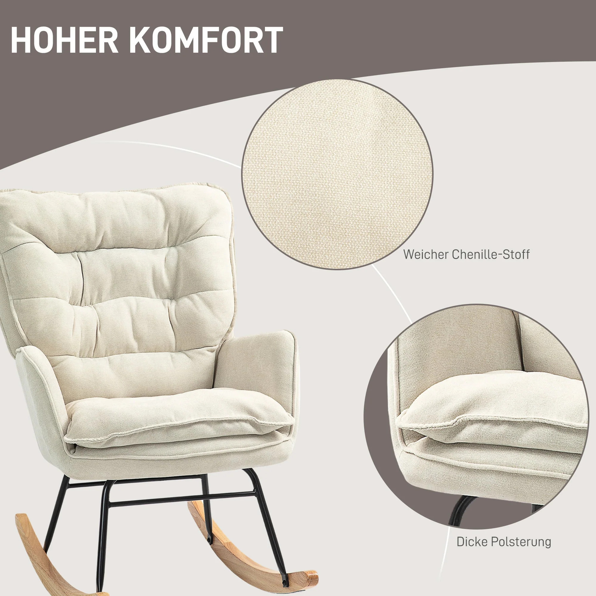Rocking Chair, Armrests, Nursing, 120 kg Load Capacity, Chenille Look, Beige - Image 6