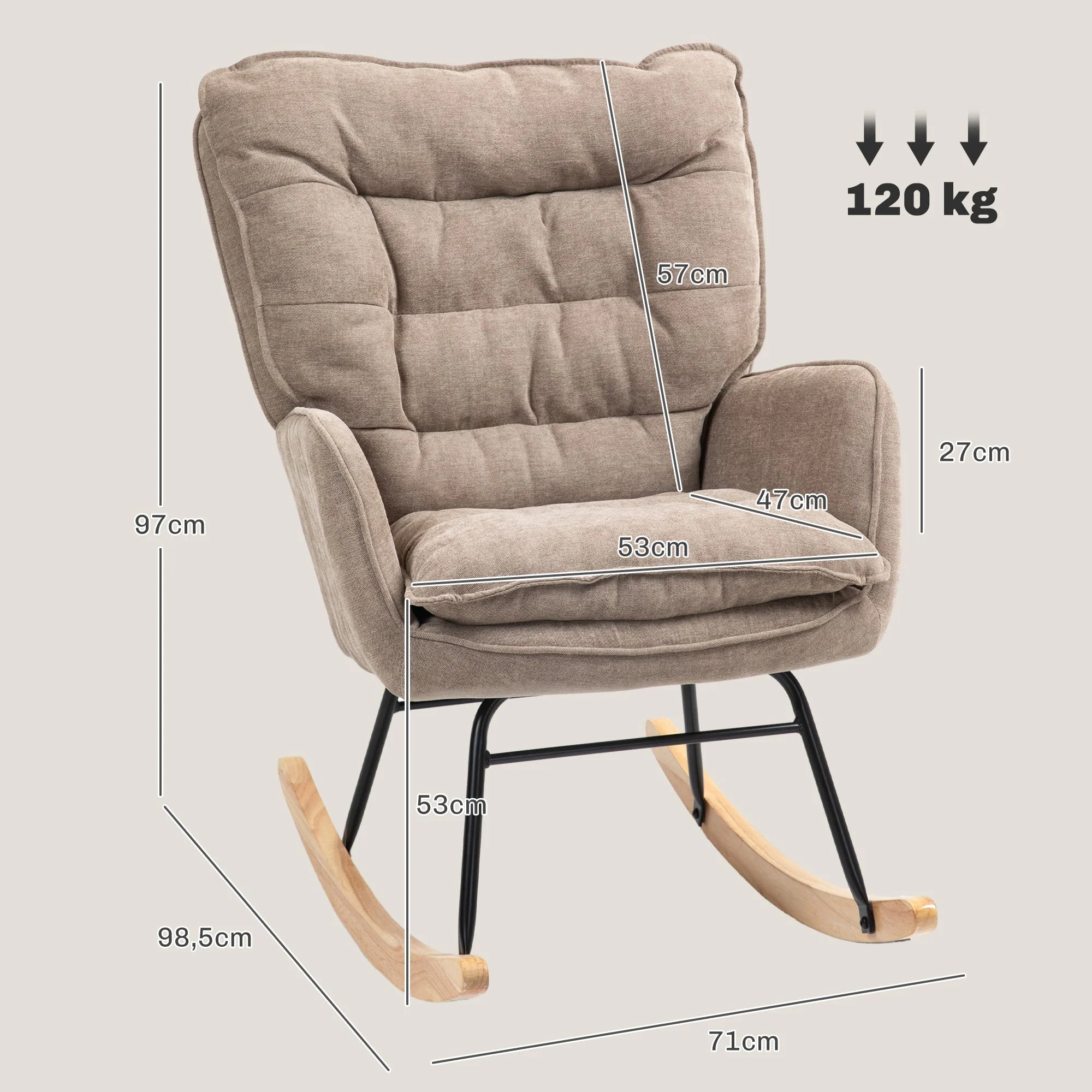 Rocking Chair, Armrests, Nursing, 120kg Load Capacity, Brown - Image 3