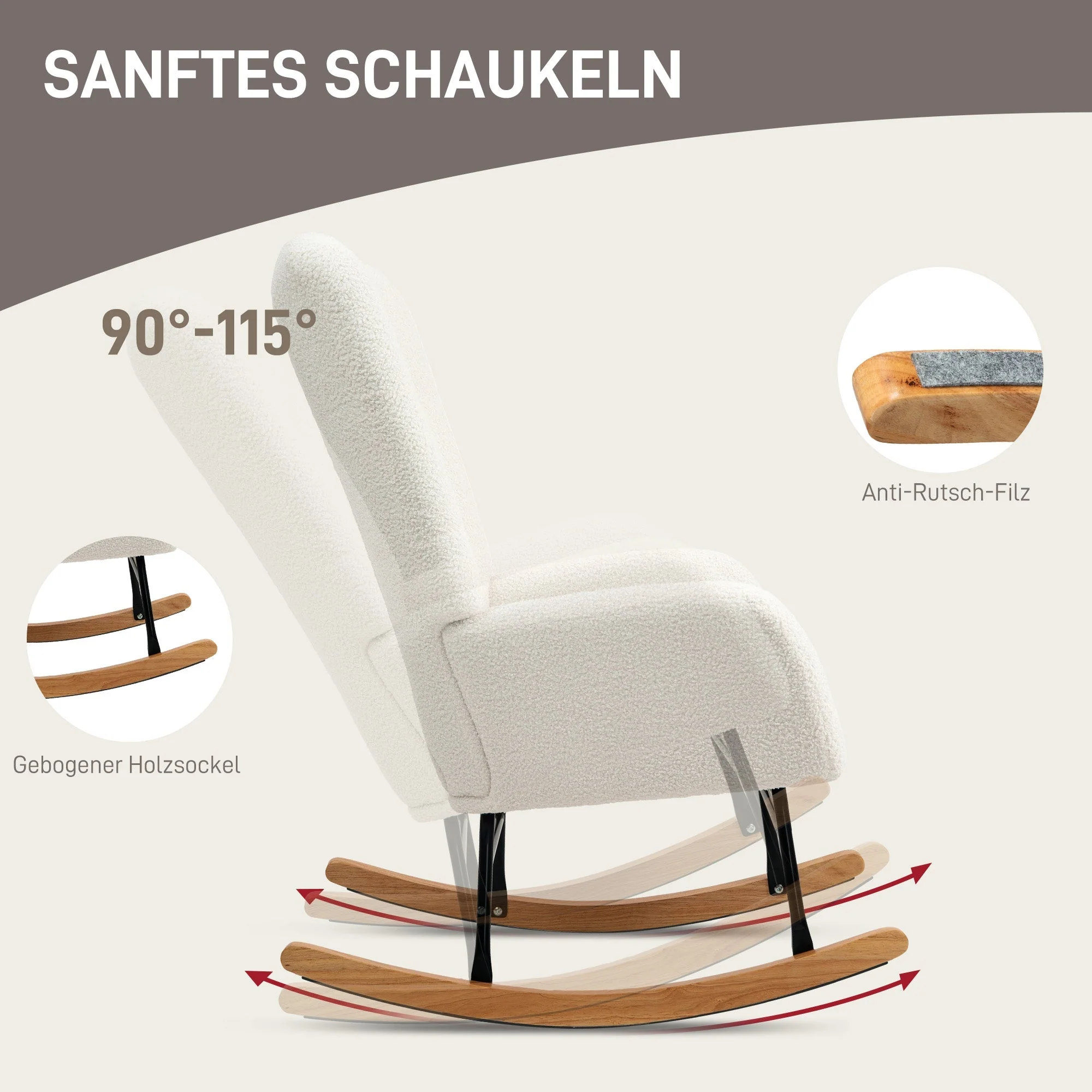 Rocking Chair, Armrests, Teddy Velvet, Cream White - Image 4