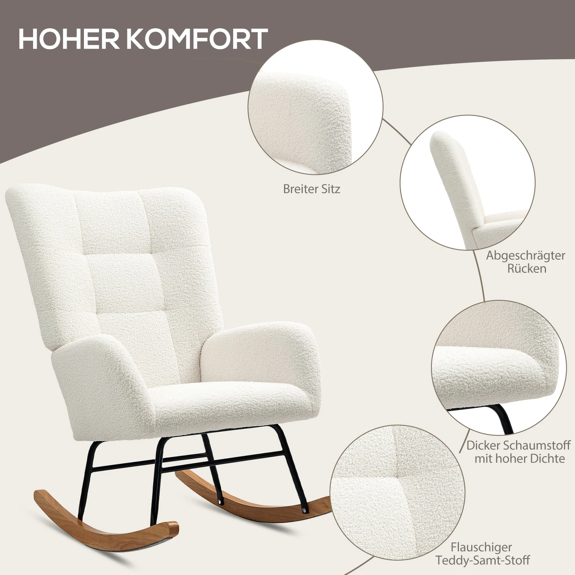 Rocking Chair, Armrests, Teddy Velvet, Cream White - Image 5