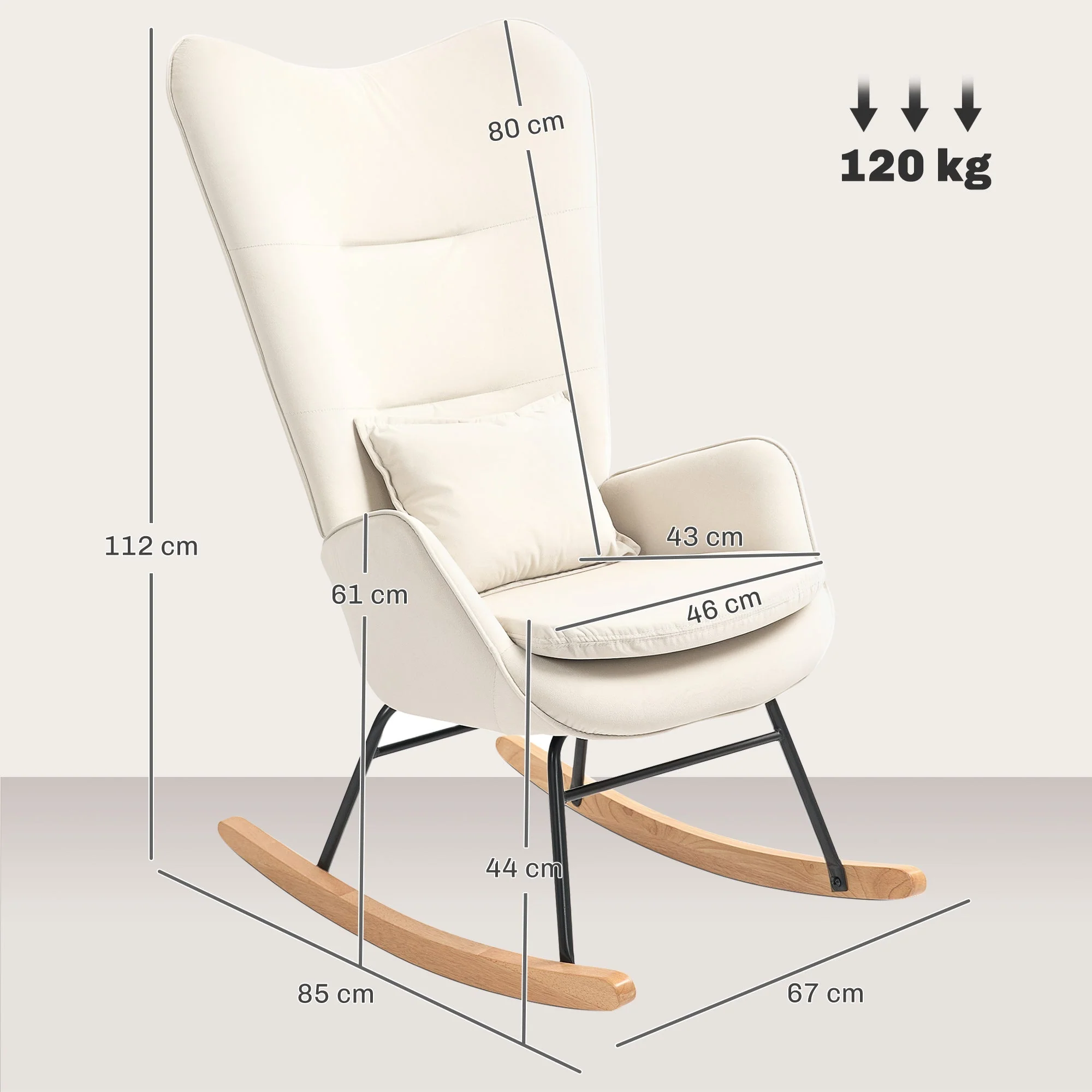 Rocking Chair, Armrests, Velvet, Cream White - Image 3