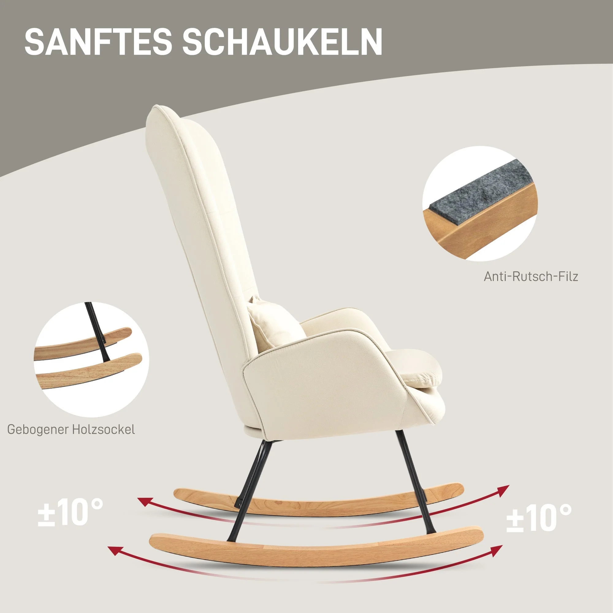 Rocking Chair, Armrests, Velvet, Cream White - Image 4