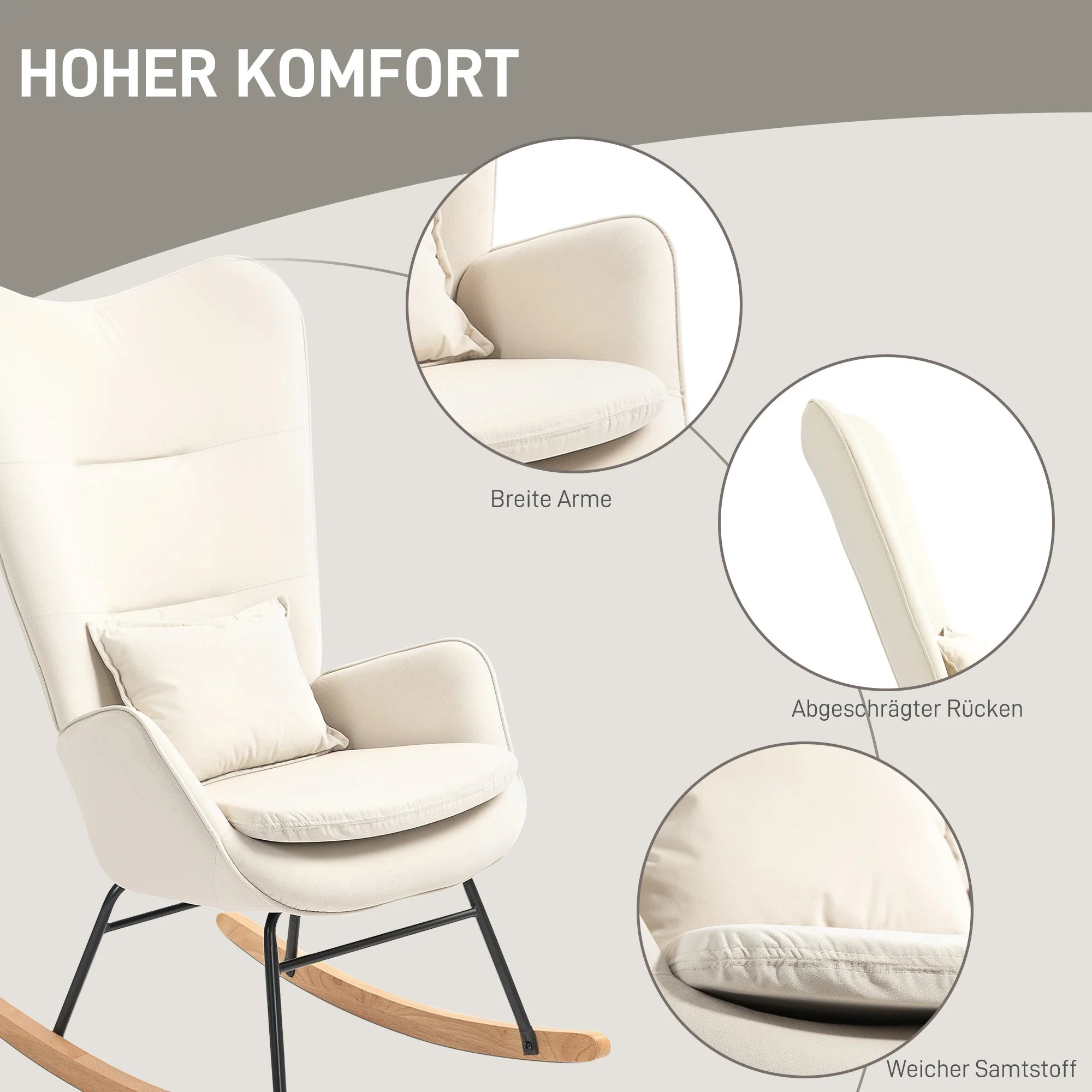 Rocking Chair, Armrests, Velvet, Cream White - Image 6