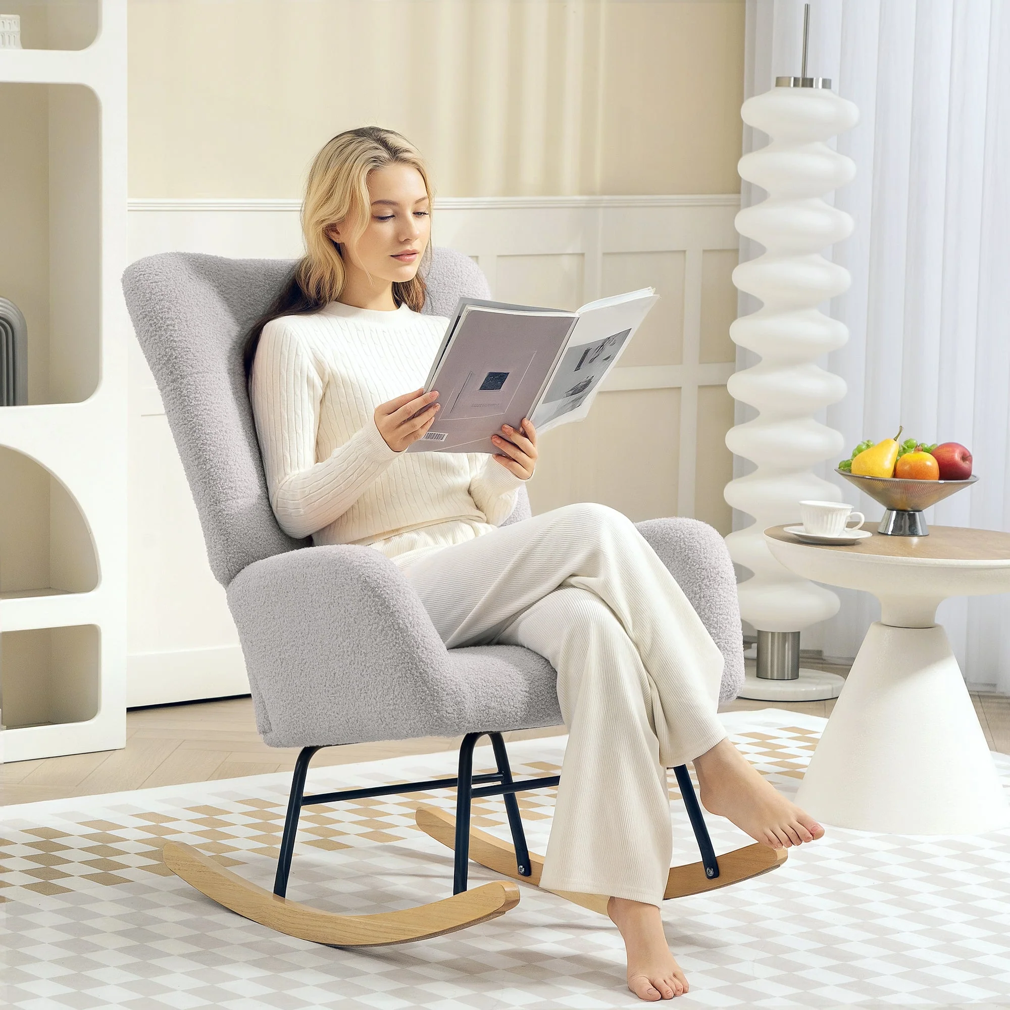 Rocking Chair, Armrests, Wooden Base, Teddy Velvet, Light Gray - Image 2