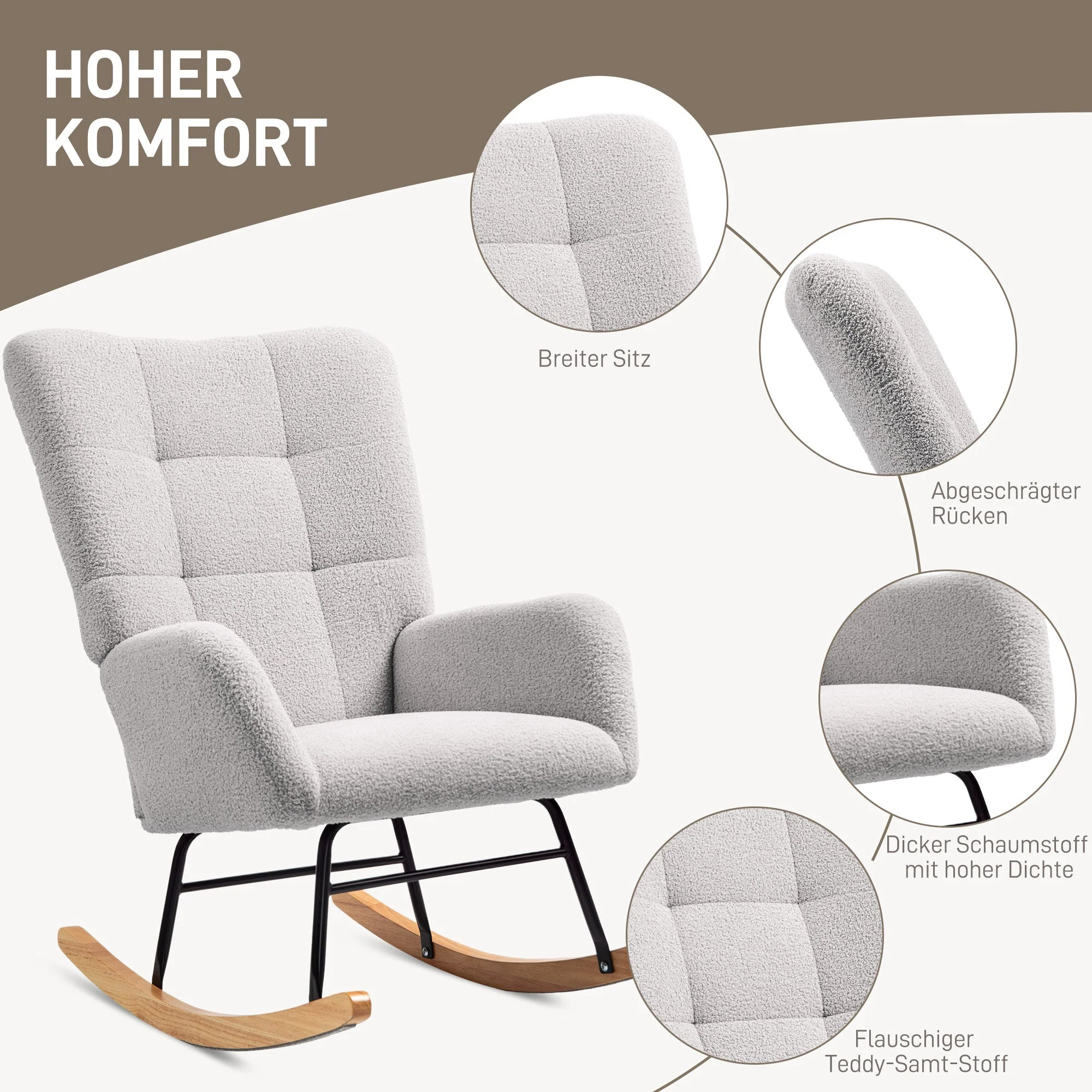 Rocking Chair, Armrests, Wooden Base, Teddy Velvet, Light Gray - Image 6