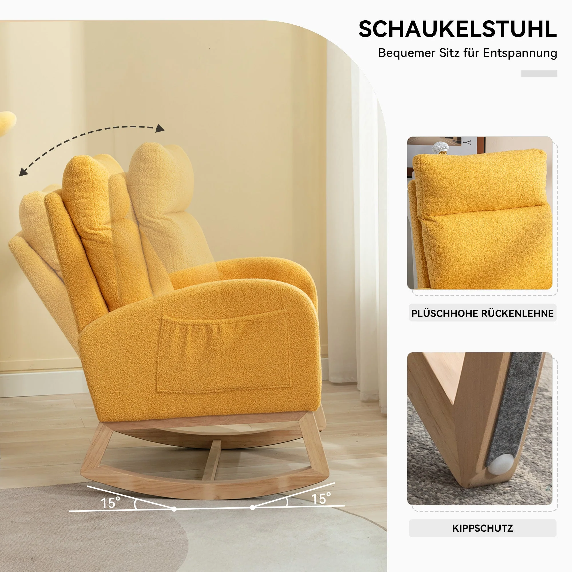 Rocking Chair, Mid-century Modern Upholstered with Padded Seat, Yellow - Image 5