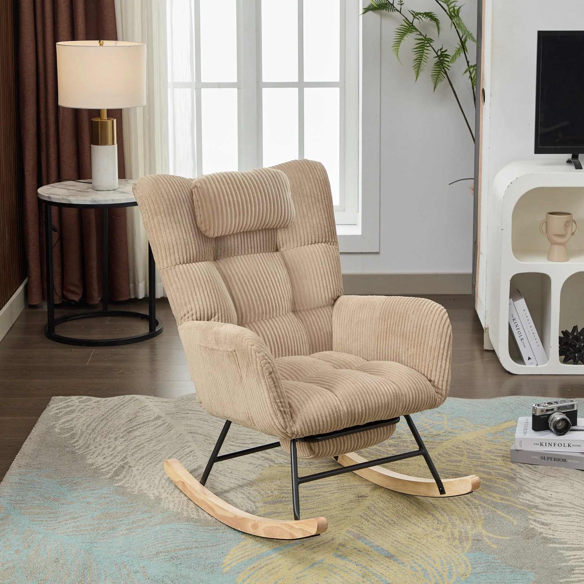 Rocking Chair, Modern Upholstered High Back with Neck Pillow, Brown Fabric - Image 2
