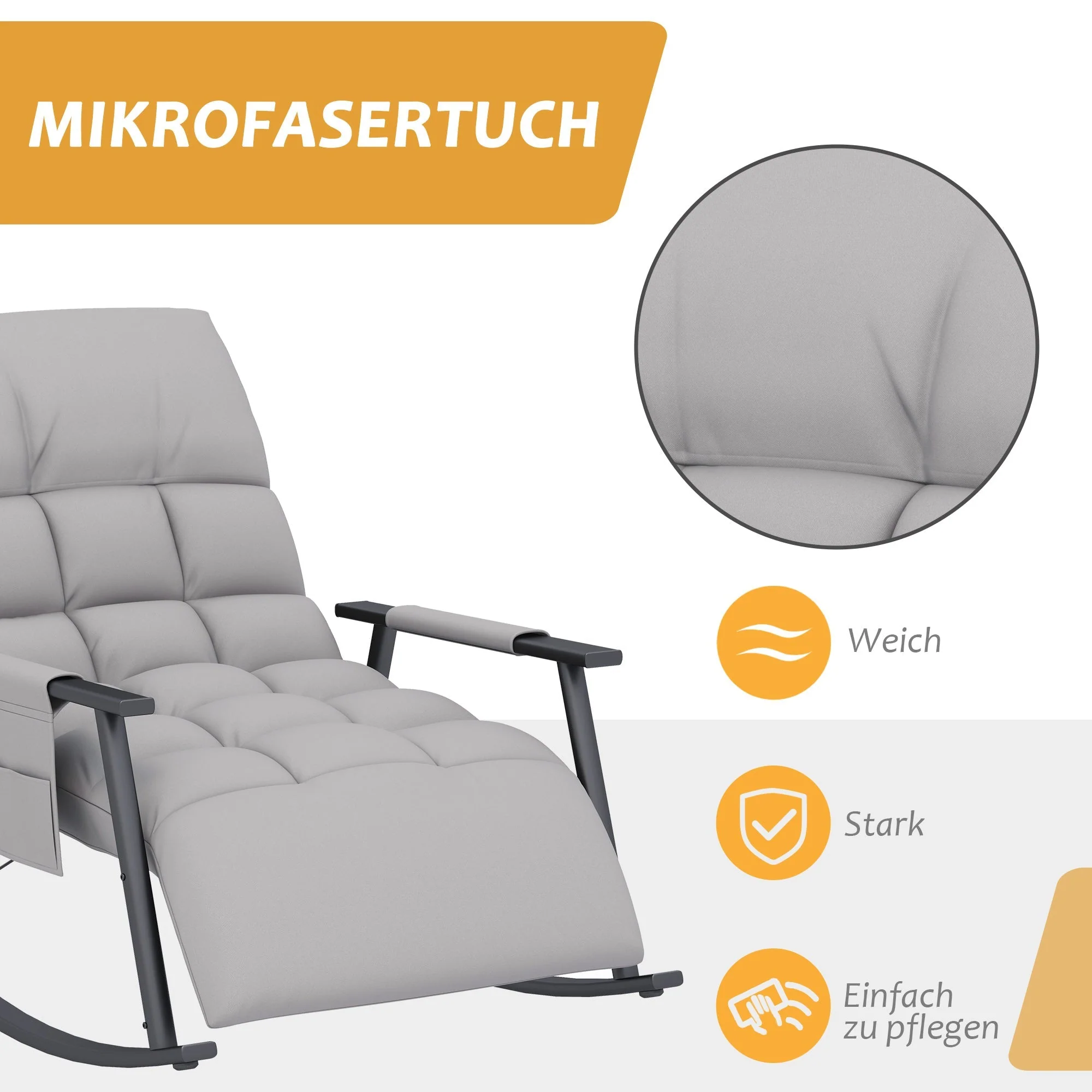Rocking Chair/Relaxing Armchair Footrest Adjustable Backrest Side Pocket, Microfiber Grey - Image 5