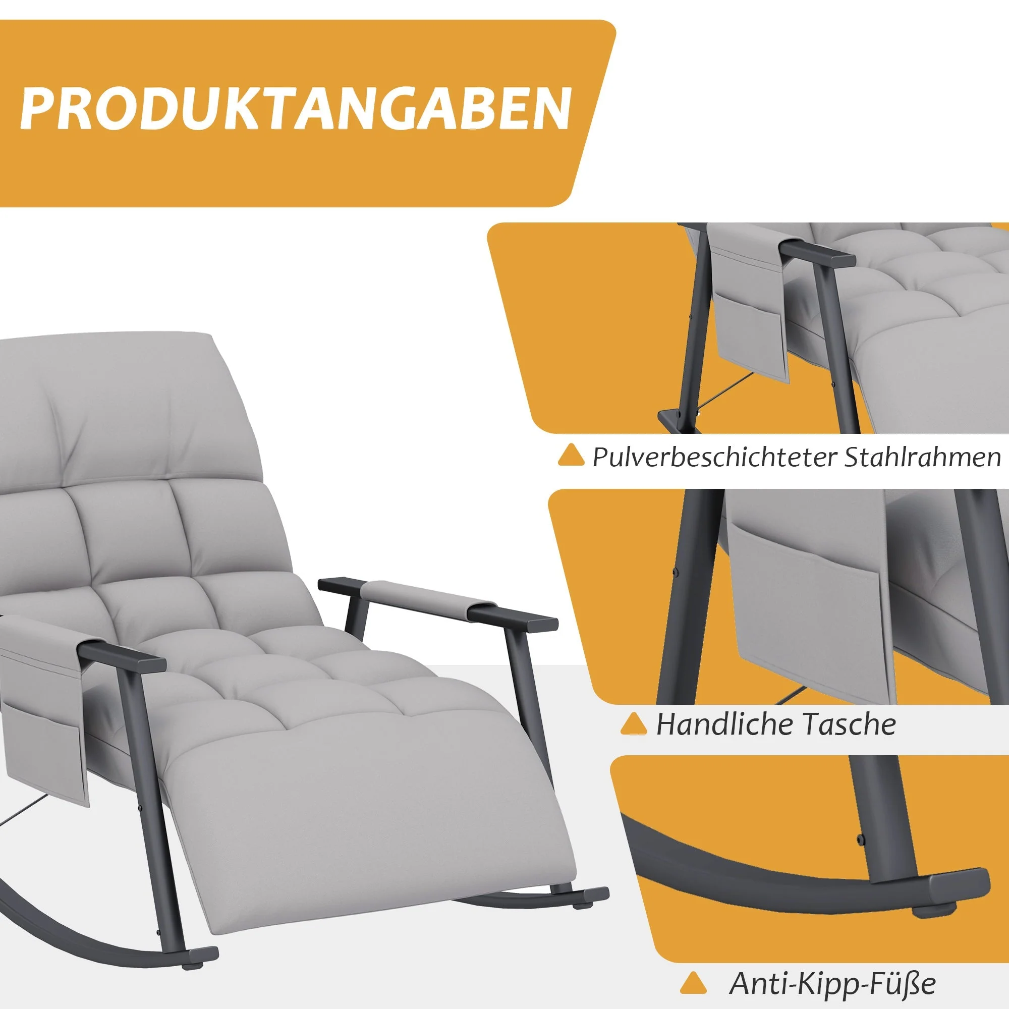 Rocking Chair/Relaxing Armchair Footrest Adjustable Backrest Side Pocket, Microfiber Grey - Image 6