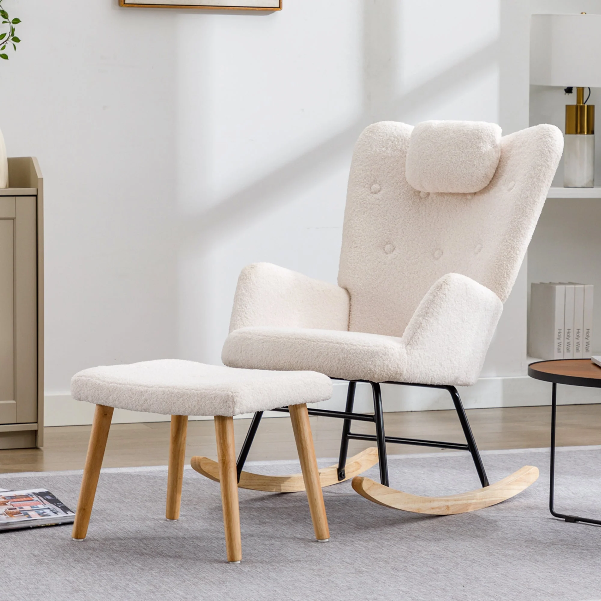 Rocking Chair, Soft Teddy Plush with Headrest & Footrest, White - Image 7
