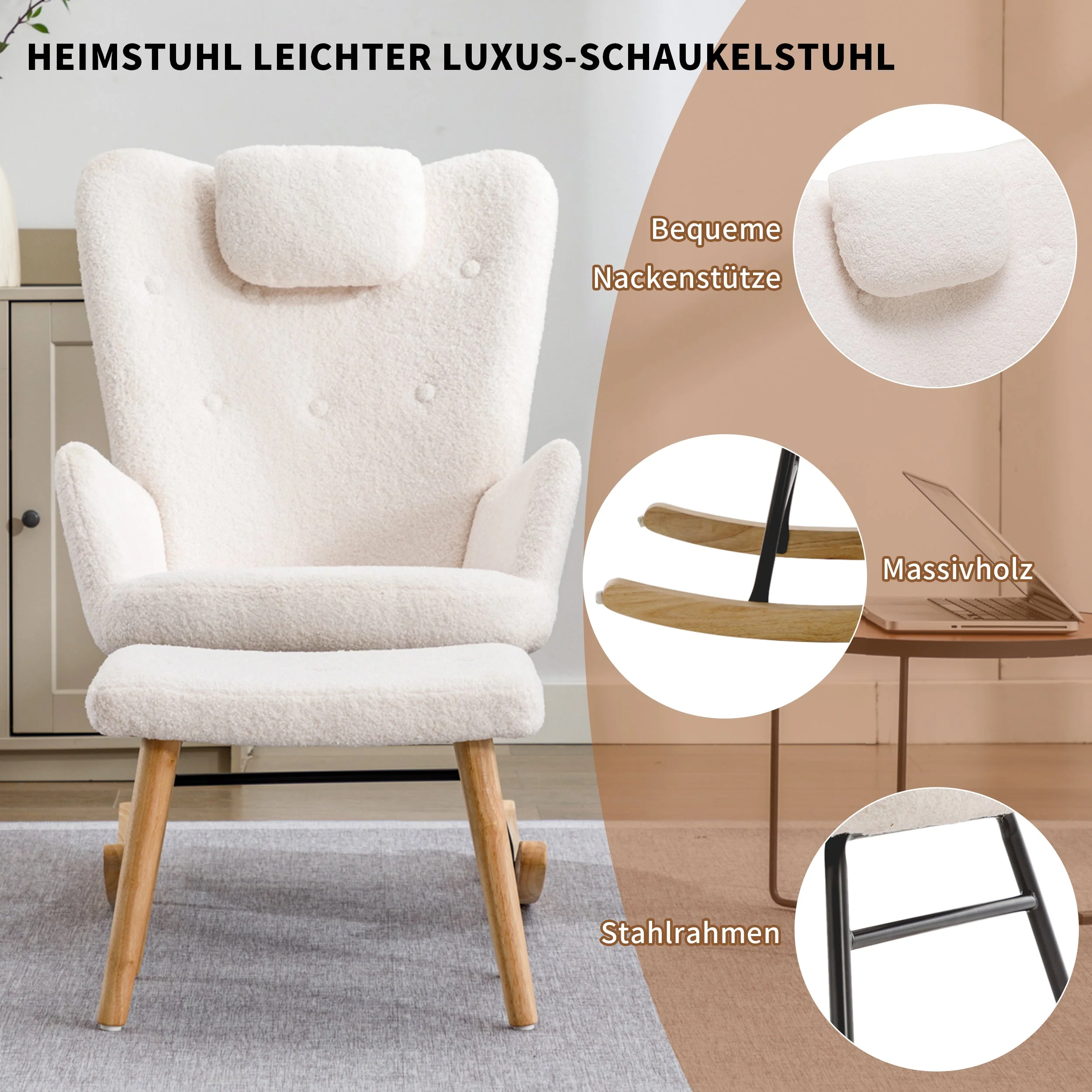 Rocking Chair, Soft Teddy Plush with Headrest & Footrest, White - Image 9