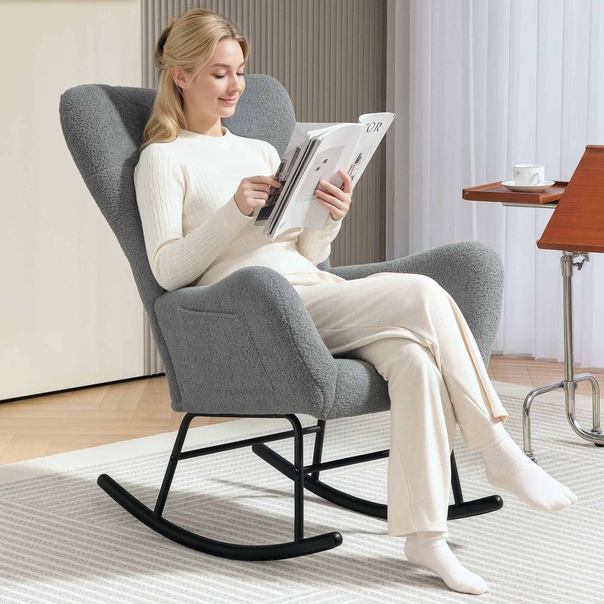 Rocking Chair, Teddy Fabric, Wooden Base, Gray