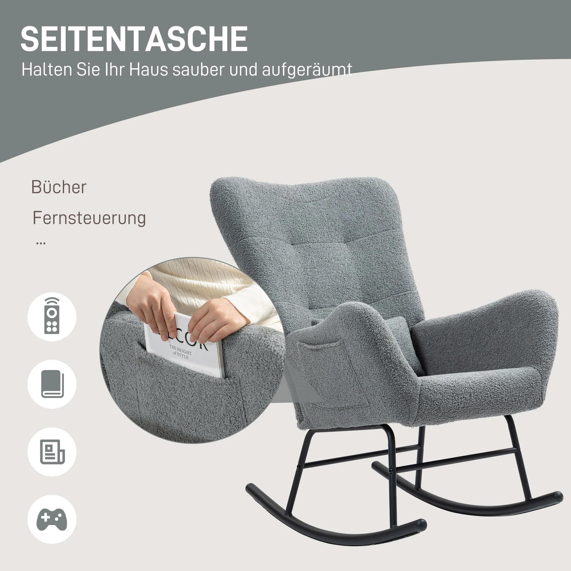 Rocking Chair, Teddy Fabric, Wooden Base, Gray - Image 6