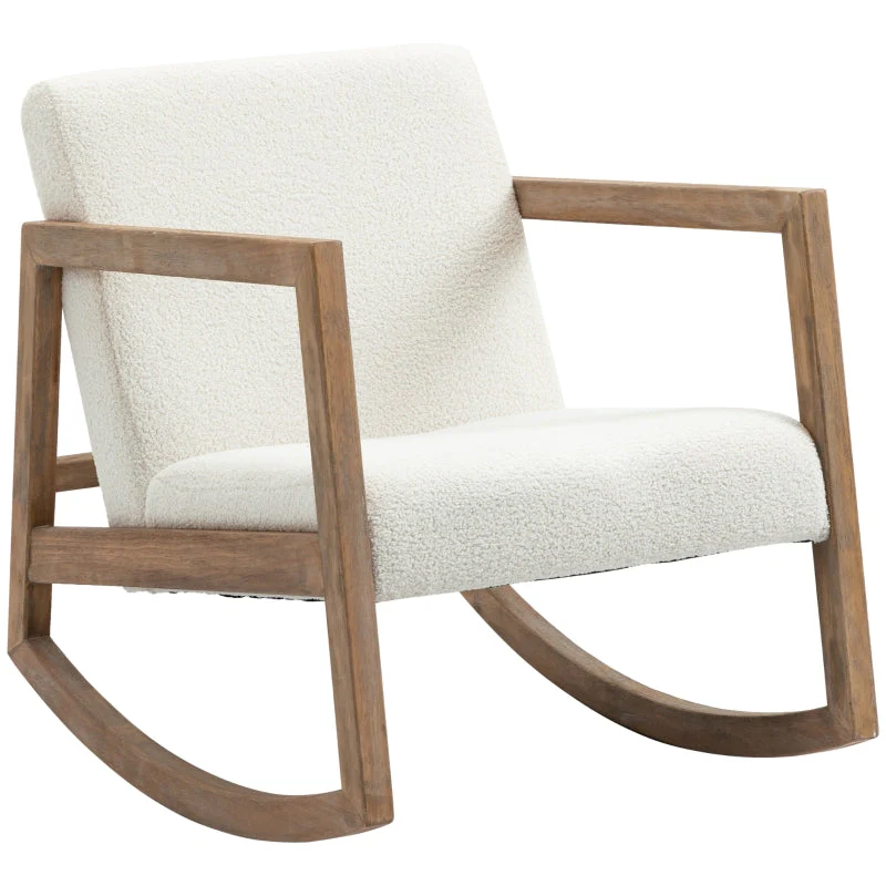Rocking Chair Upholstered Armchair with Cushion and Wood Base, Cream White - Image 2
