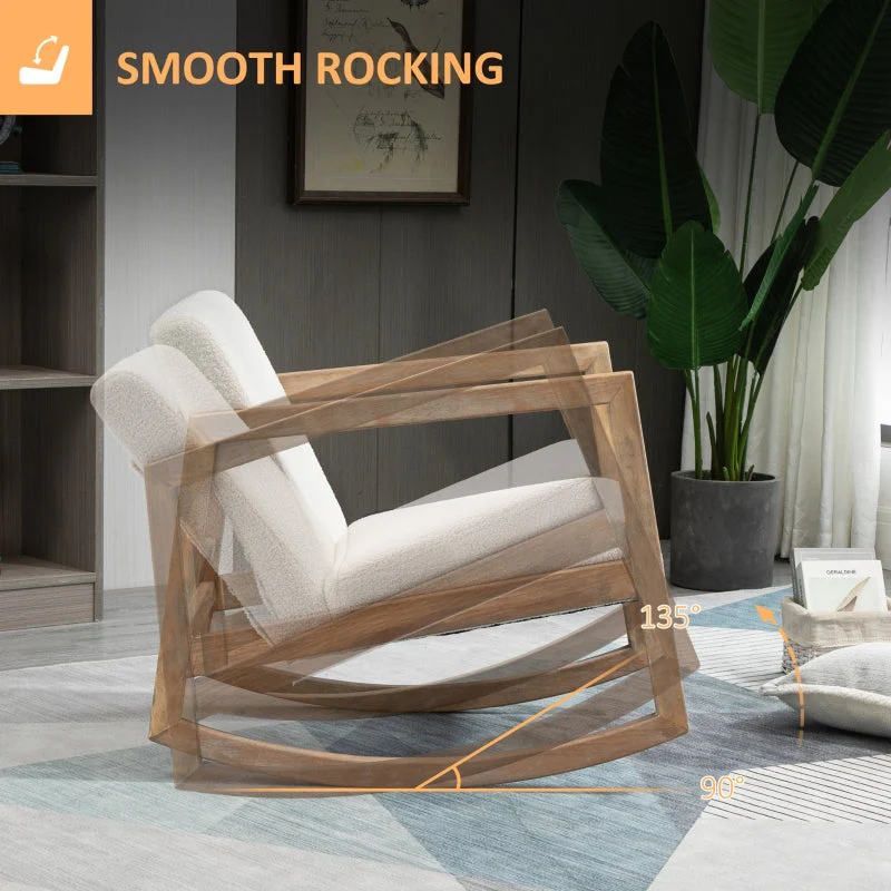 Rocking Chair Upholstered Armchair with Cushion and Wood Base, Cream White - Image 4