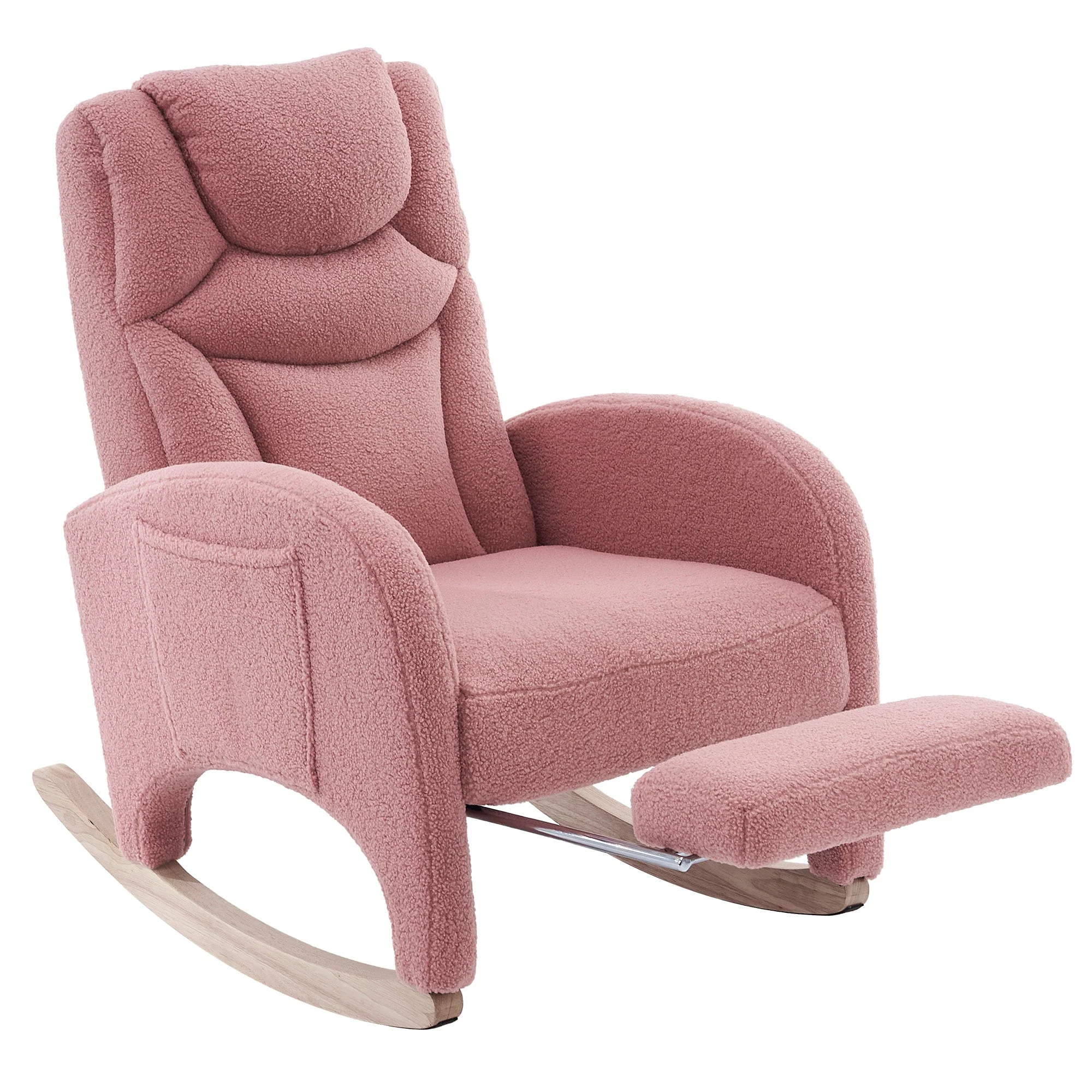 Rocking Chair, Upholstered with Armrest, Accent for Bedroom, Pink Teddy Fabric - Image 2