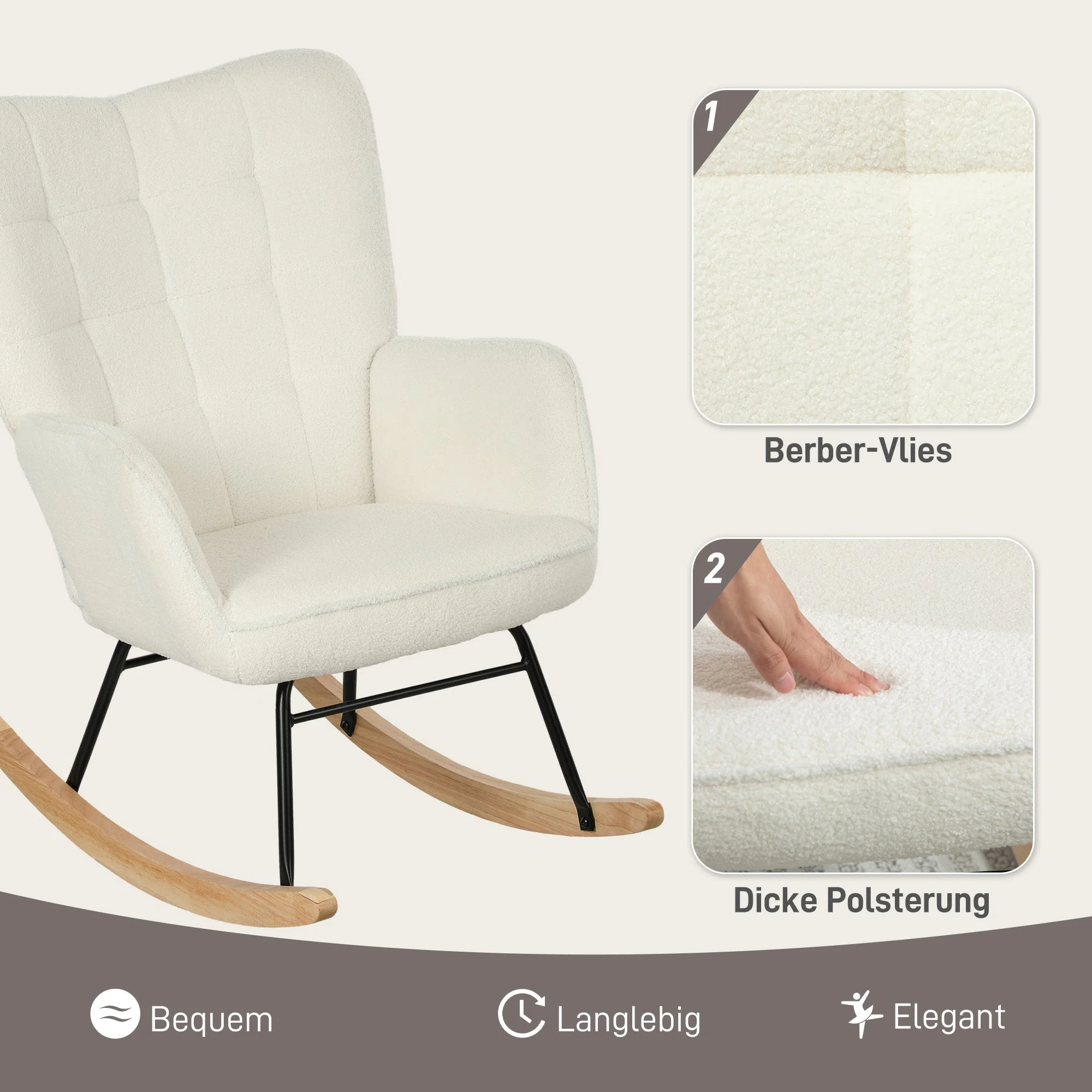 Rocking Chair, Upholstered, Wooden Base, White - Image 6