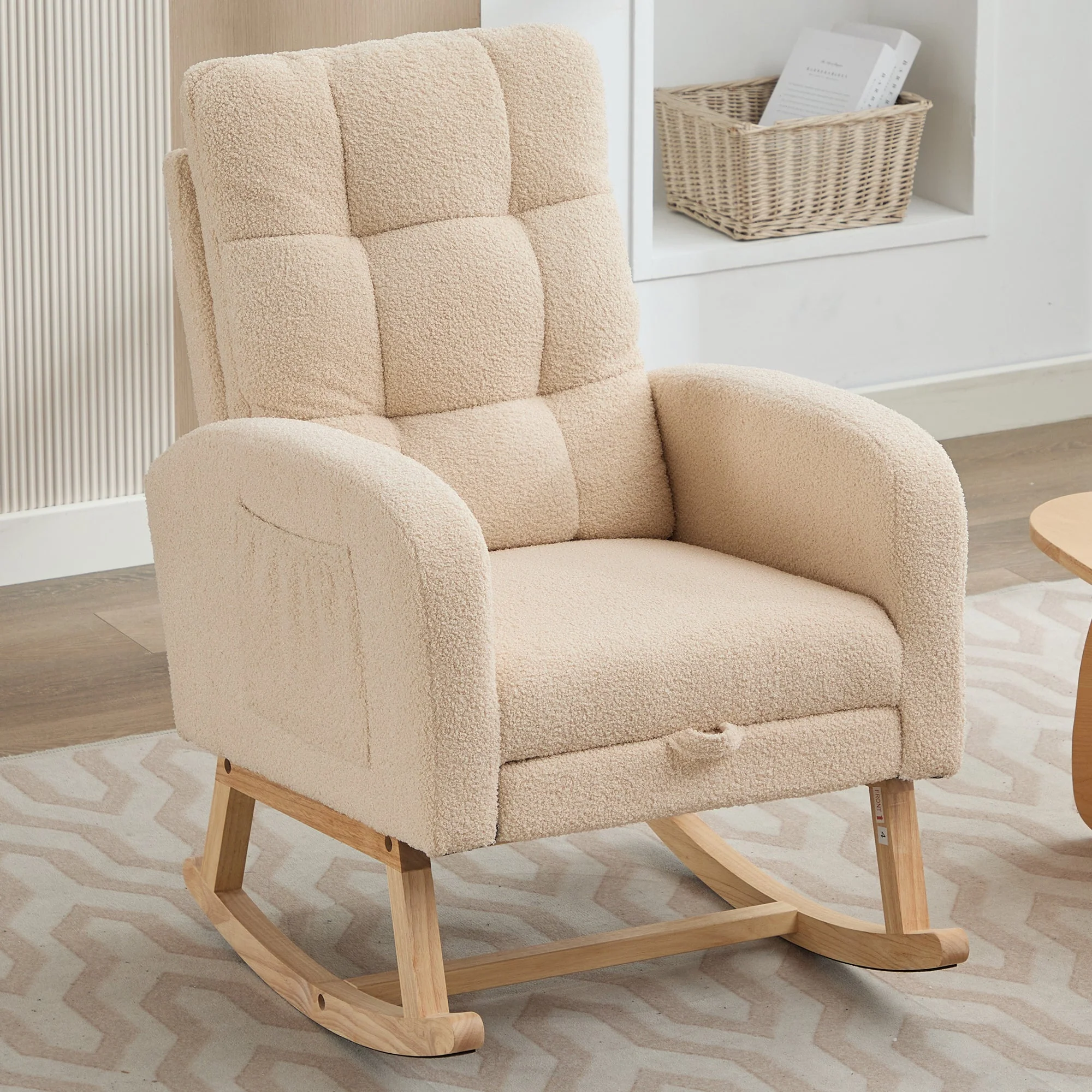 Rocking Chair with Adjustable Footrest and High Backrest, Beige Teddy Fabric - Image 7