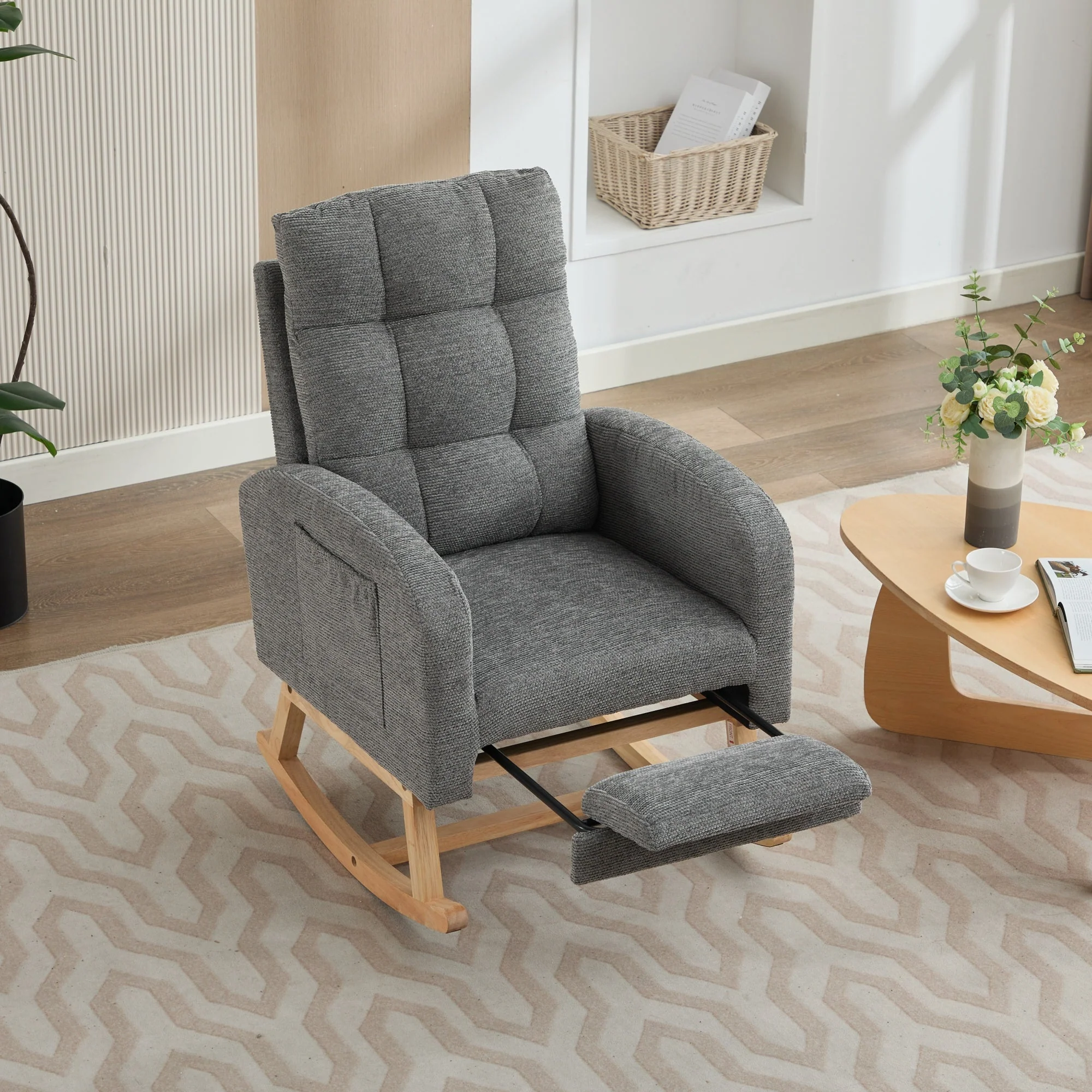 Rocking Chair with Adjustable Footrest, Solid Wooden Legs, Lounge Armchair, Grey Waffle Fabric - Image 3