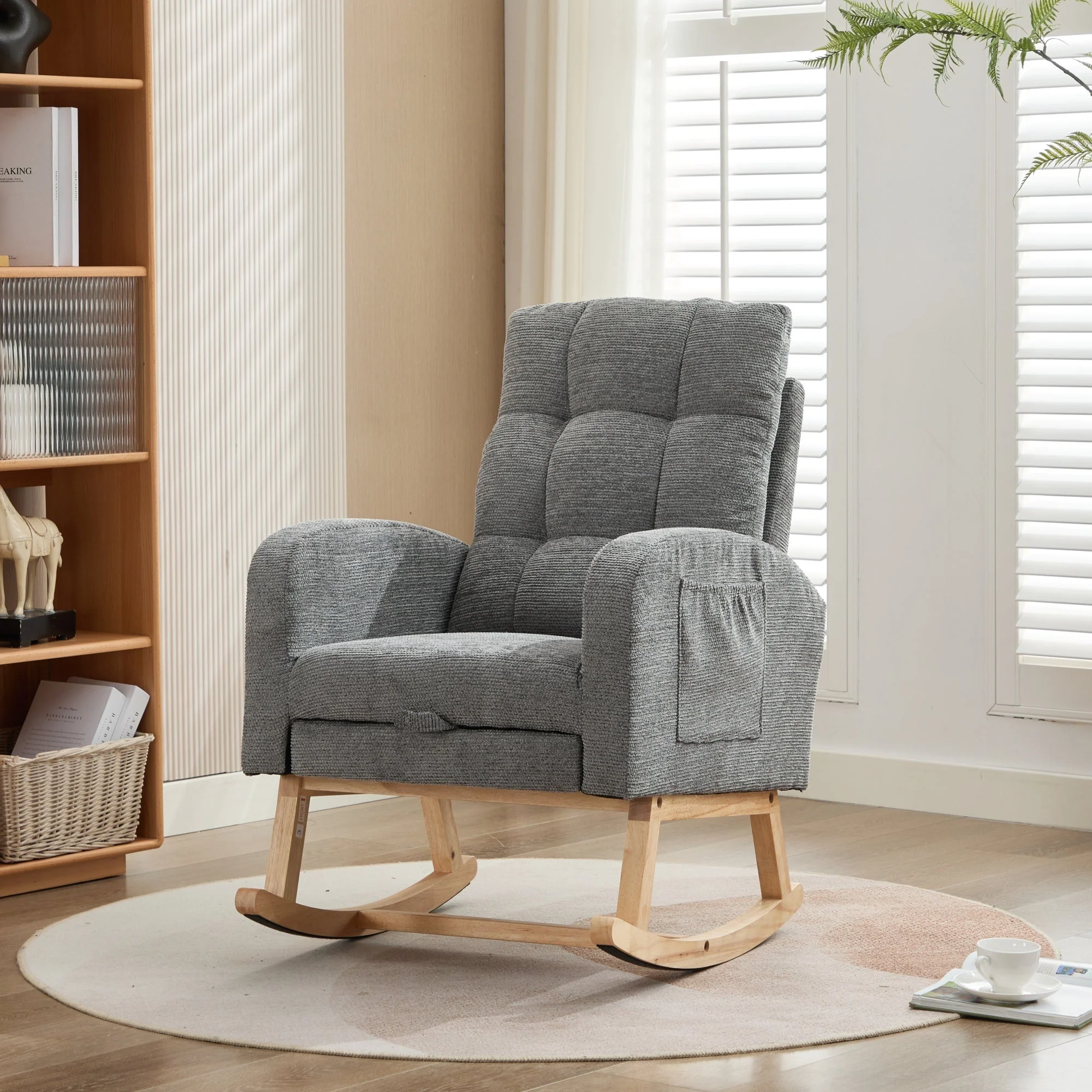 Rocking Chair with Adjustable Footrest, Solid Wooden Legs, Lounge Armchair, Grey Waffle Fabric - Image 4