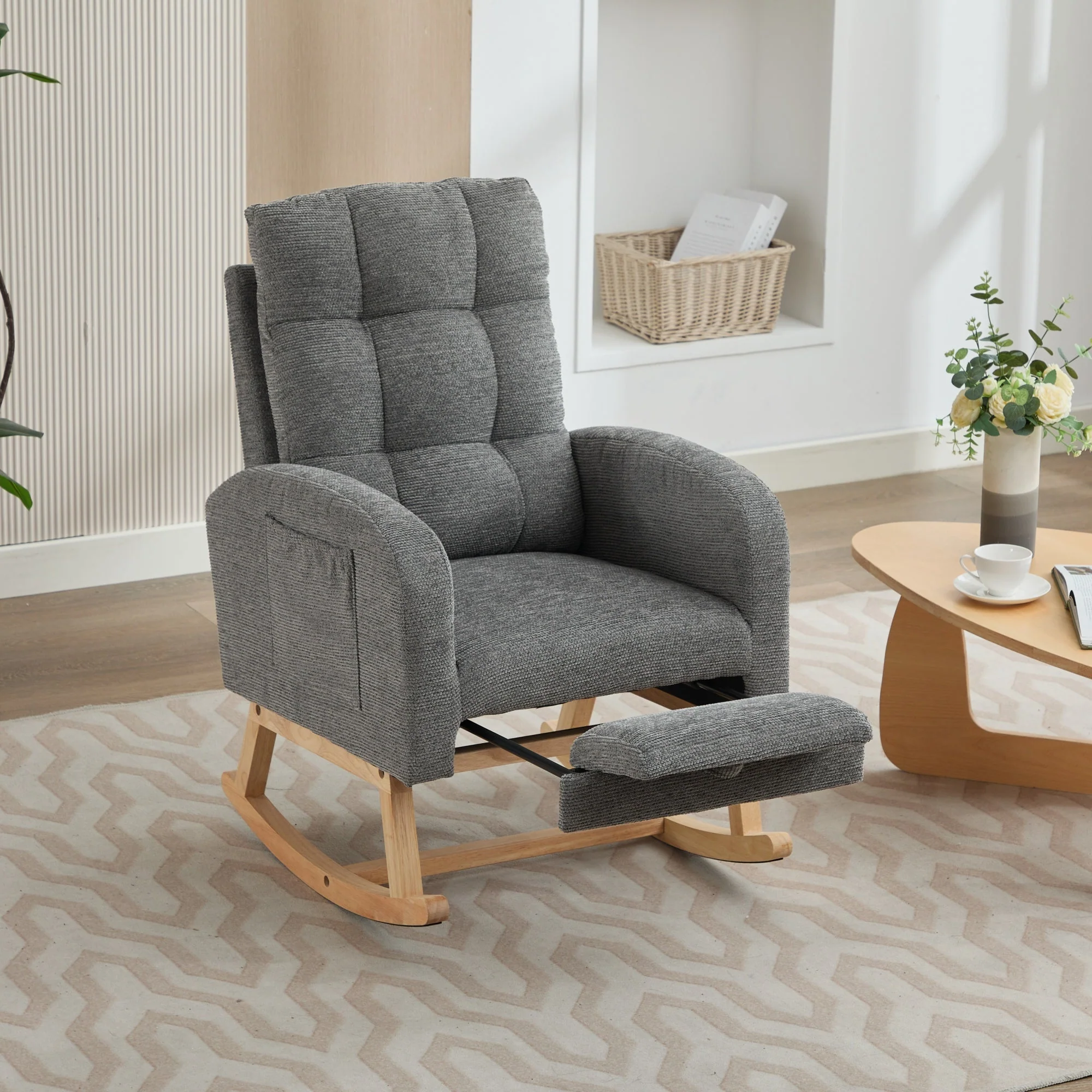 Rocking Chair with Adjustable Footrest, Solid Wooden Legs, Lounge Armchair, Grey Waffle Fabric - Image 5