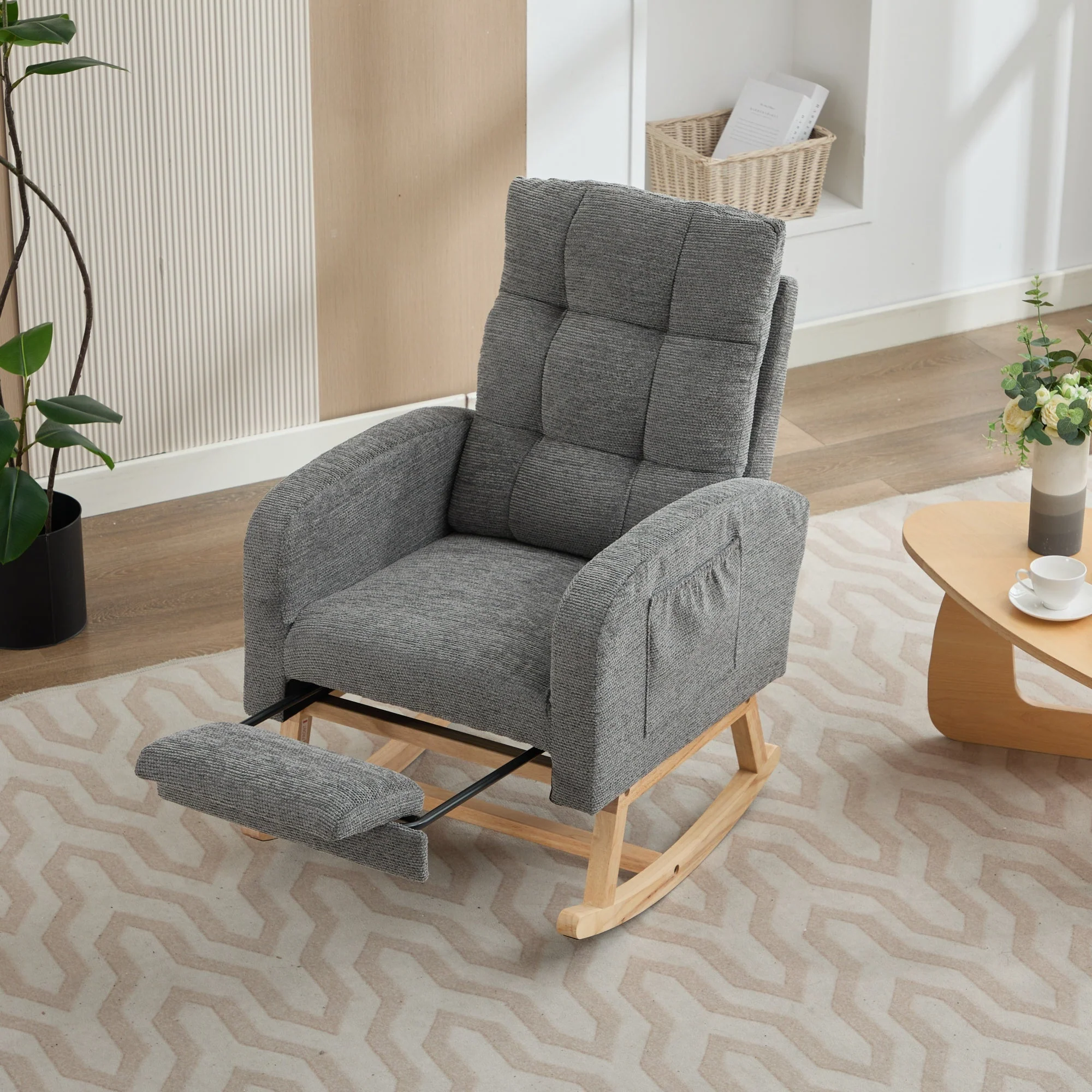 Rocking Chair with Adjustable Footrest, Solid Wooden Legs, Lounge Armchair, Grey Waffle Fabric - Image 6
