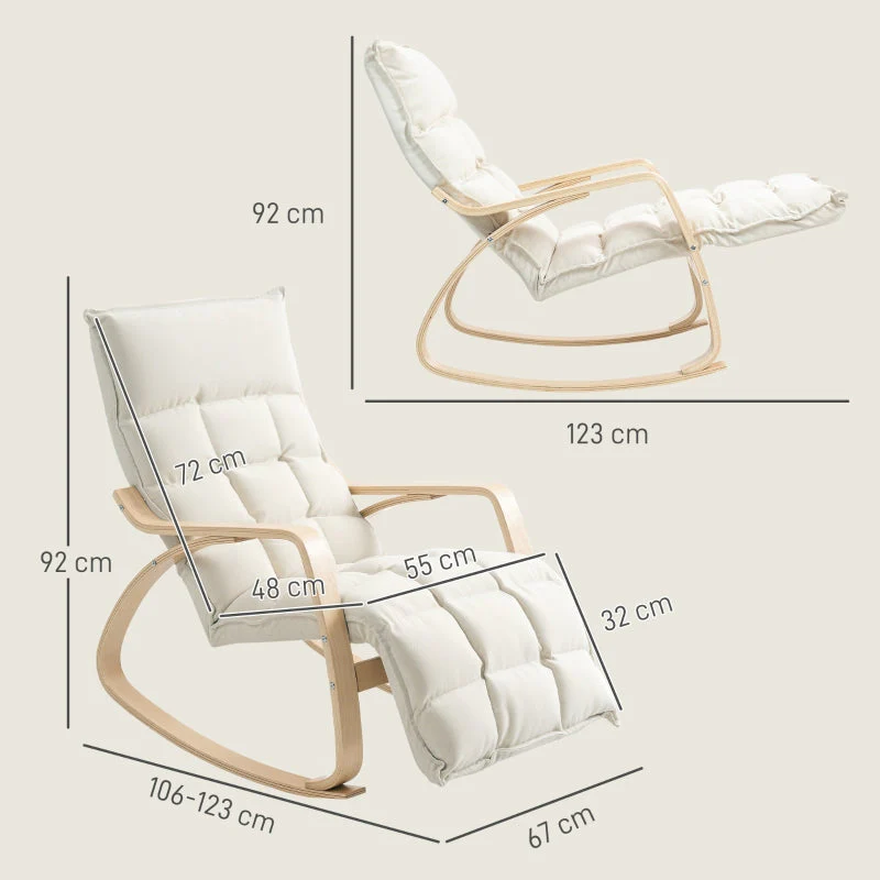 Rocking Chair with Backrest & Footrest, Relaxing Reading, Linen Look Cream White - Image 3