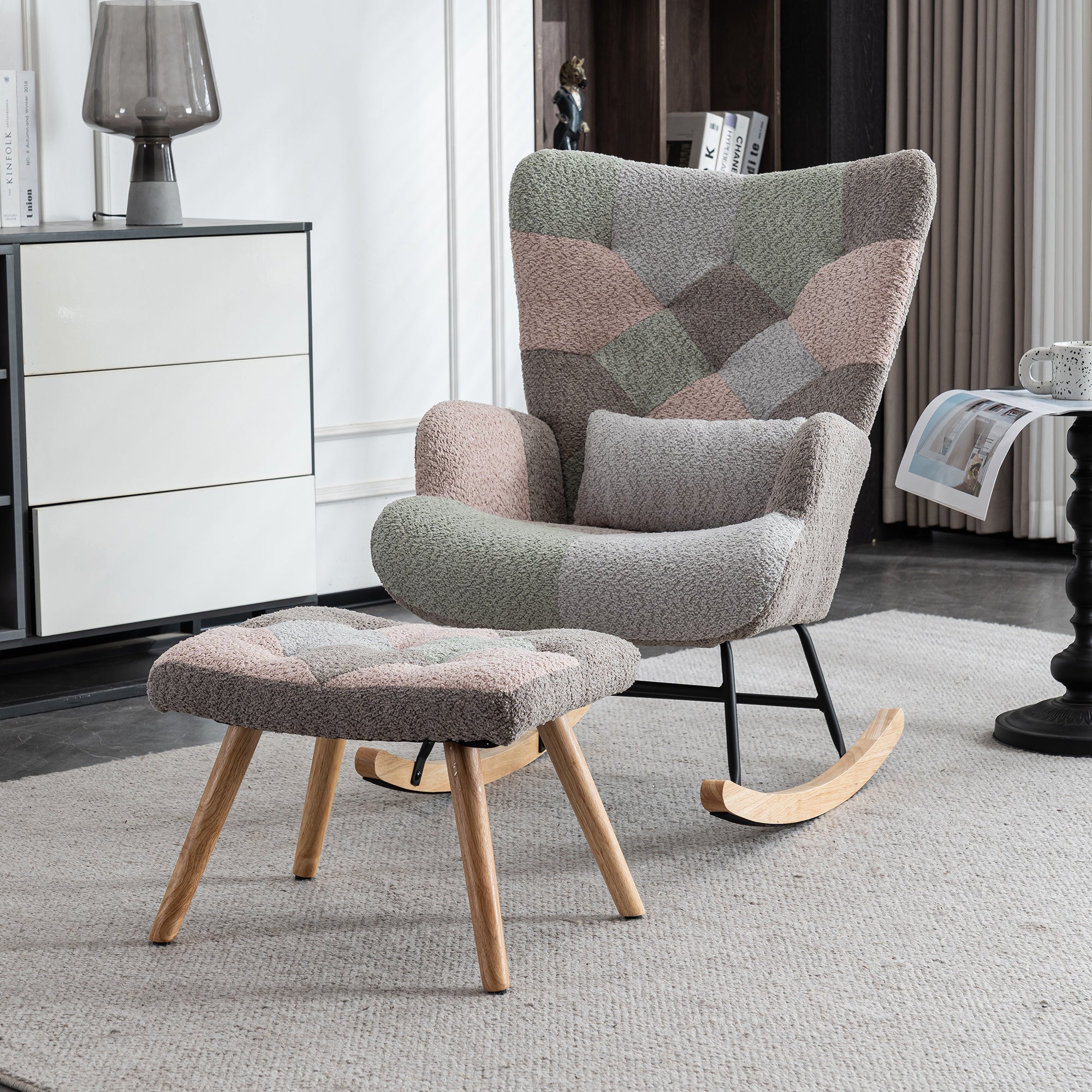 Rocking Chair with Footrest & Lumbar Cushion, Sturdy Rubberwood, Multicolored